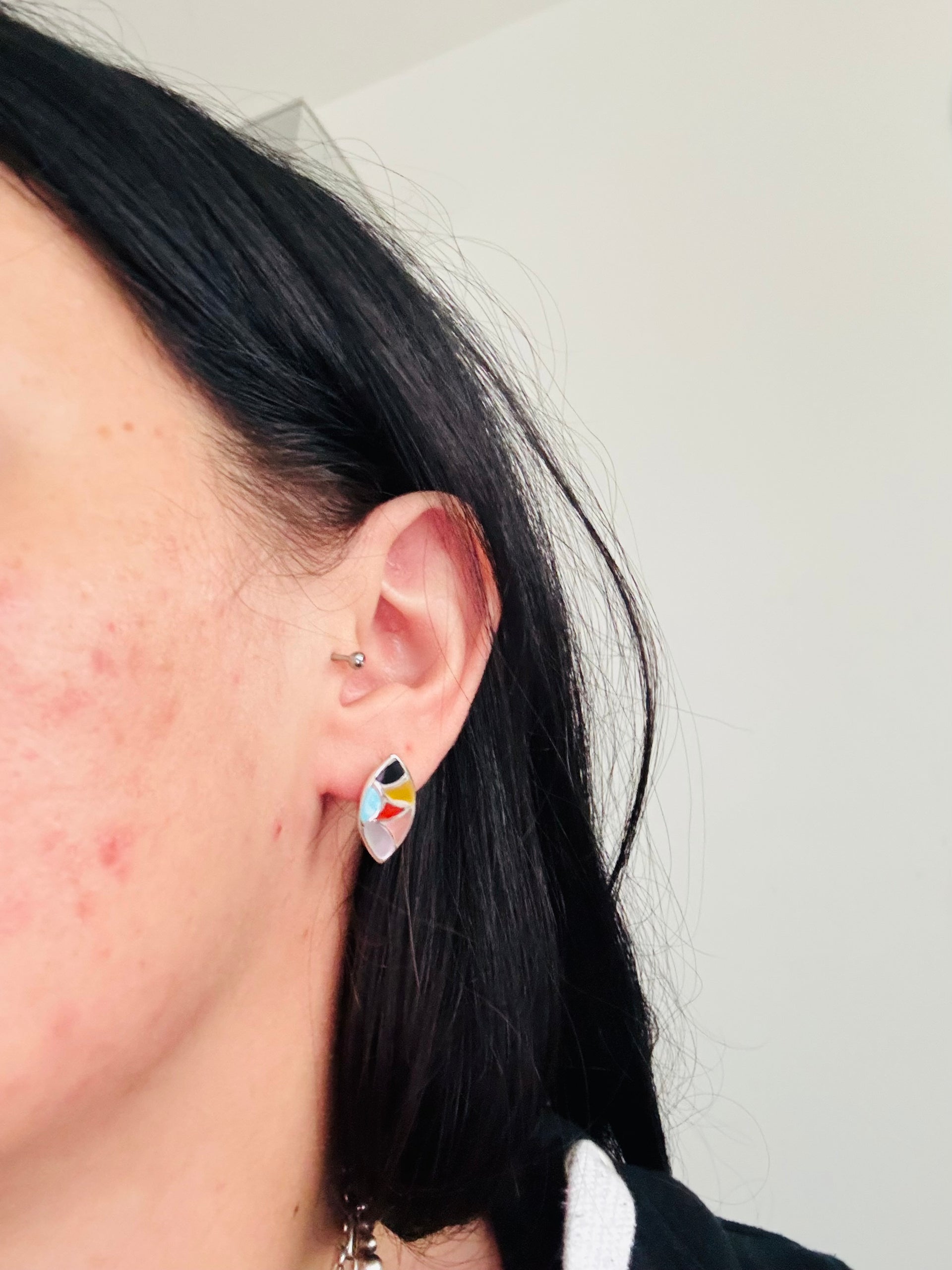 Zuni Made Multi Stone & Sterling Silver Inlay Earrings