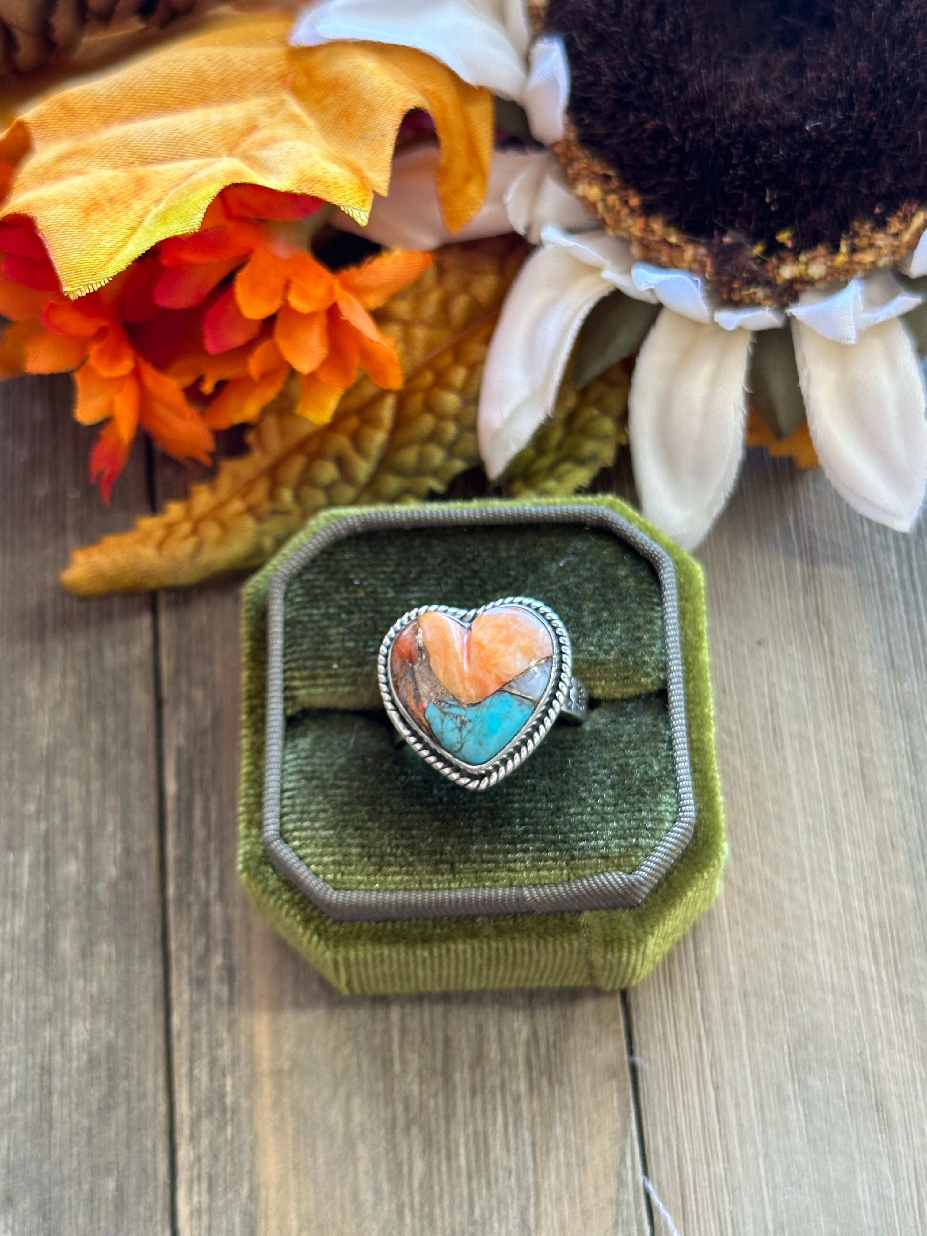 Southwest Handmade Mohave Turquoise & Sterling Silver Adjustable Heart Ring