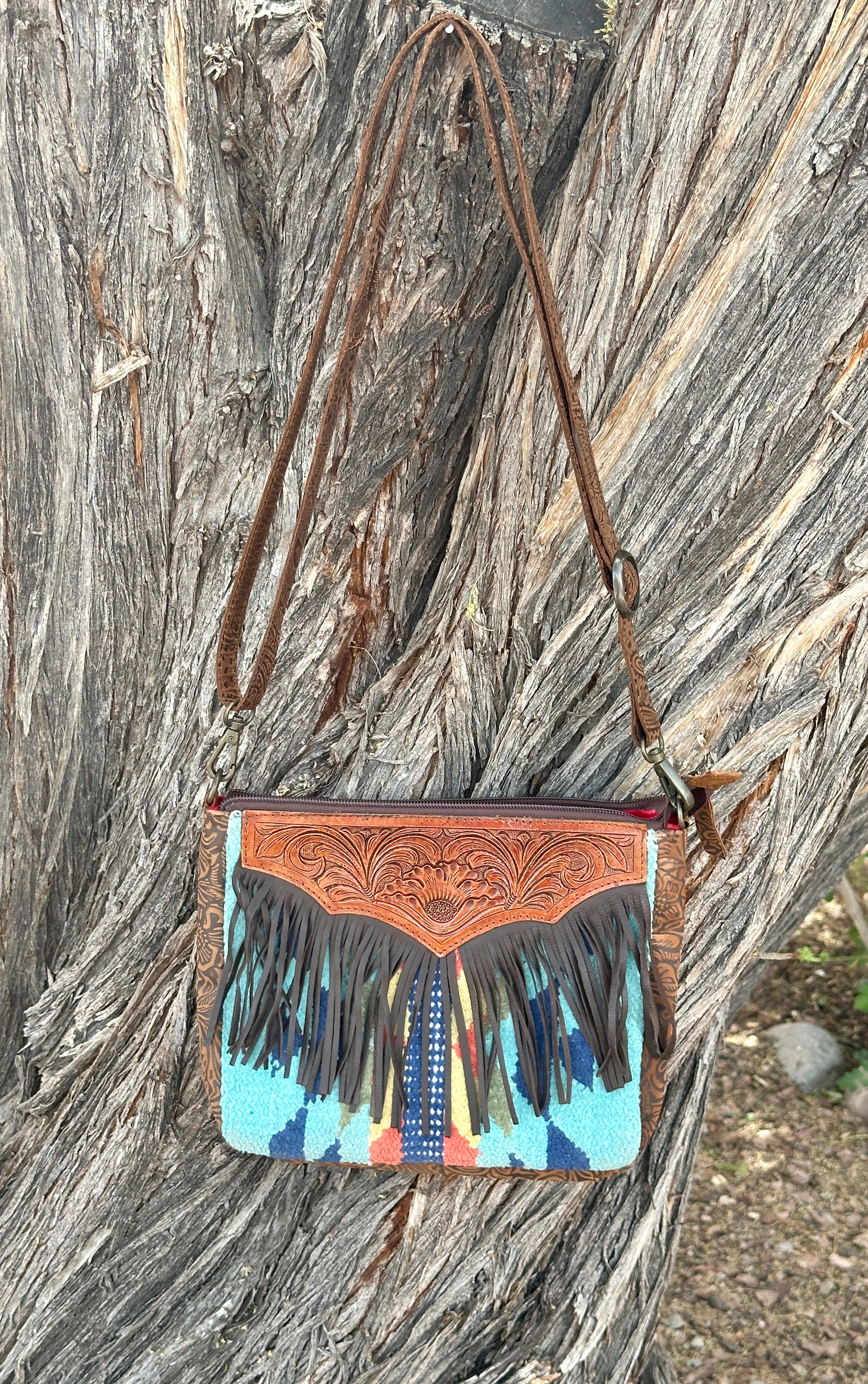 Genuine Tooled Leather & Hand Woven Fringe Purse