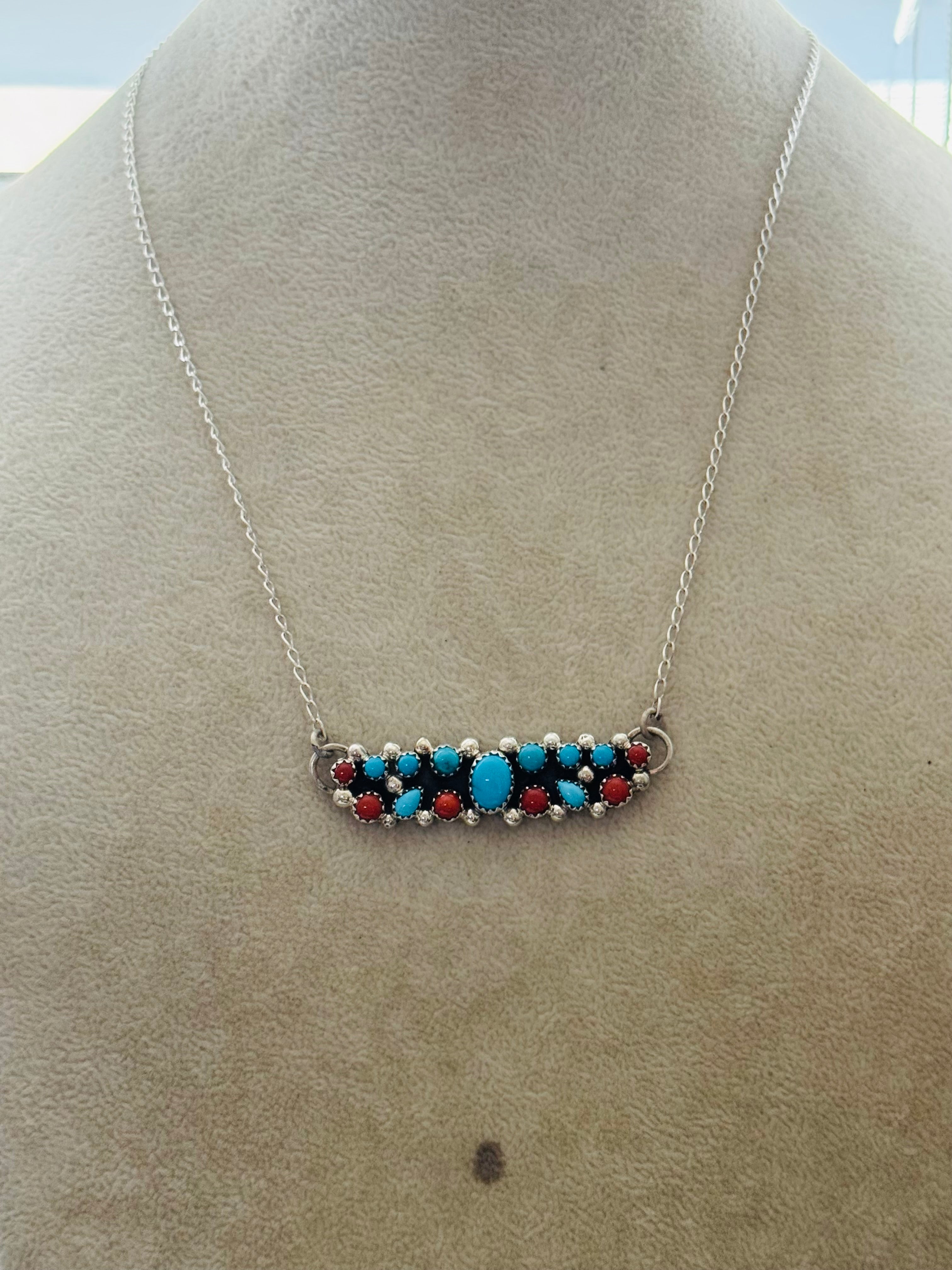 Navajo Made Multi Stone & Sterling Silver Bar Necklace