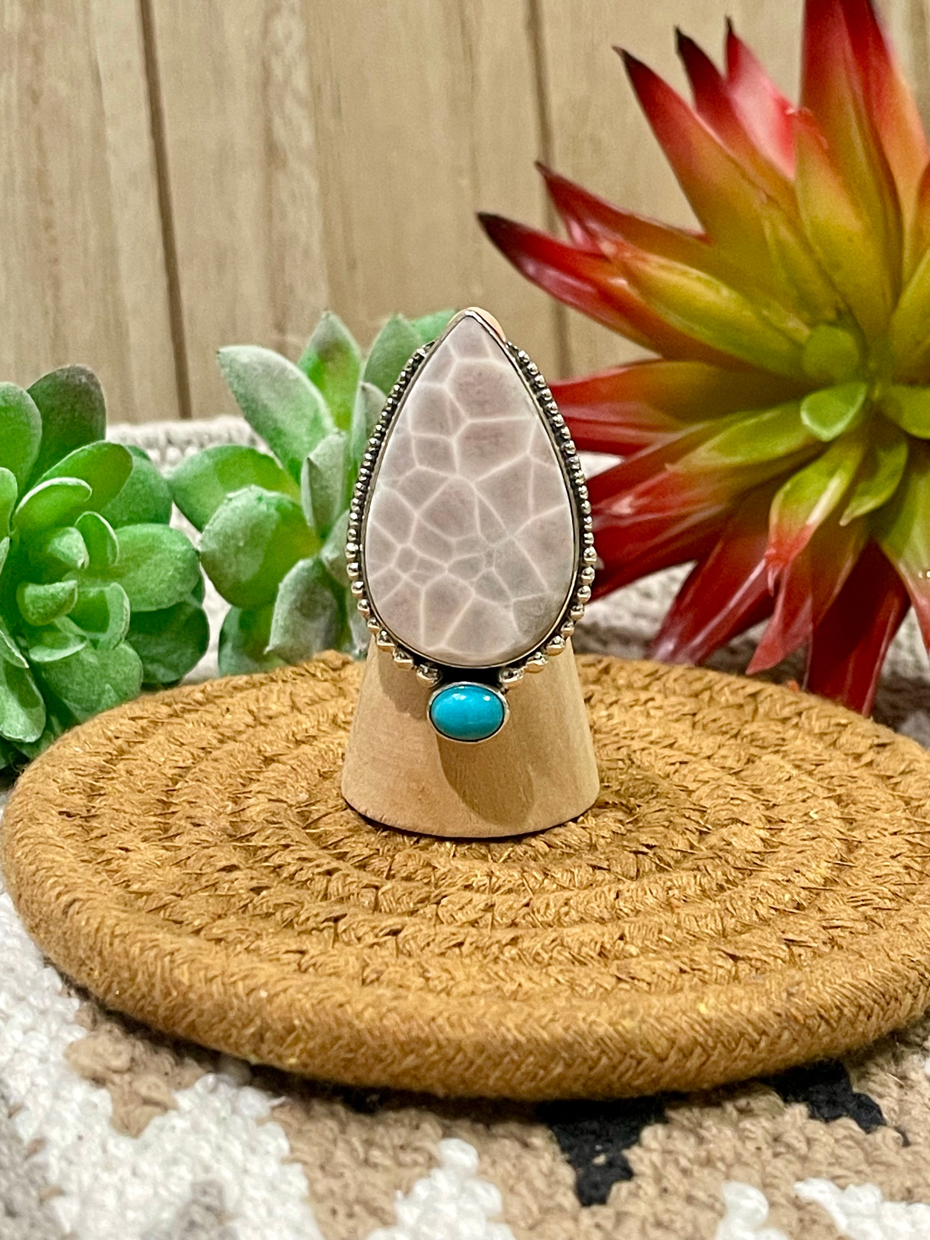 Southwest Handmade Pink Larimar With Kingman Turquoise & Sterling Silver Adjustable Ring