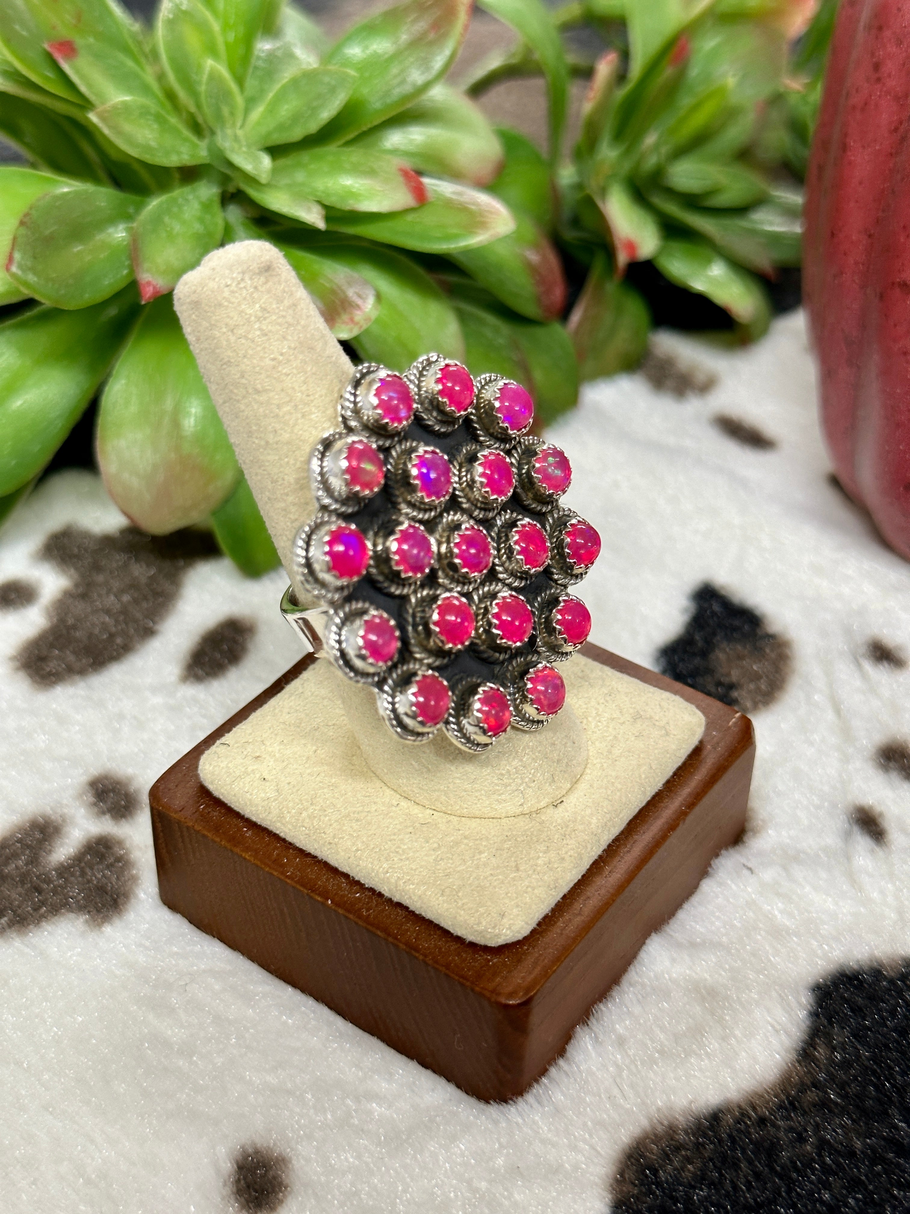 Southwest Handmade Pink Opal & Sterling Silver Cluster Adjustable Ring