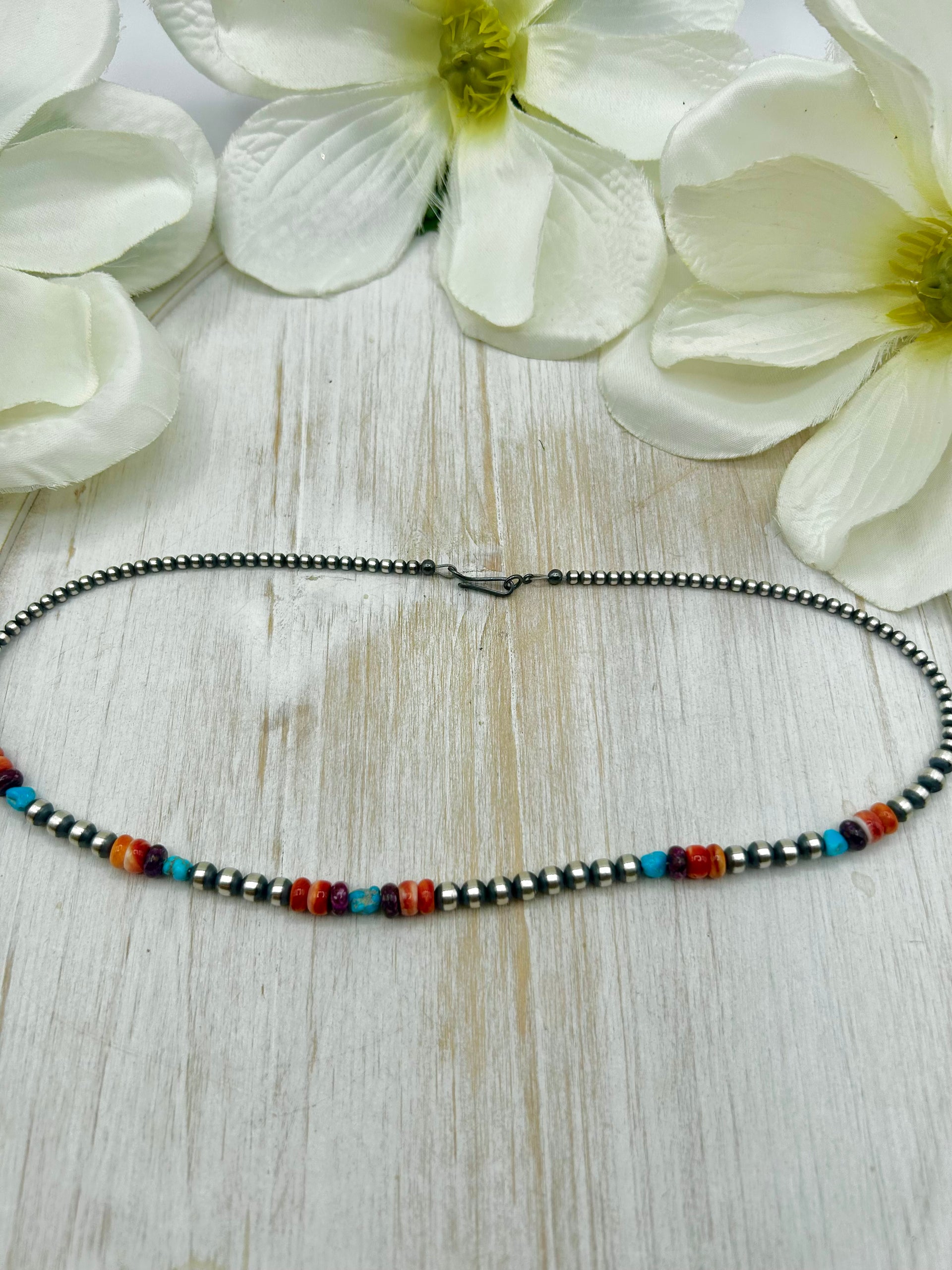 Navajo Made Strung Multi Stone & Sterling Silver Necklace