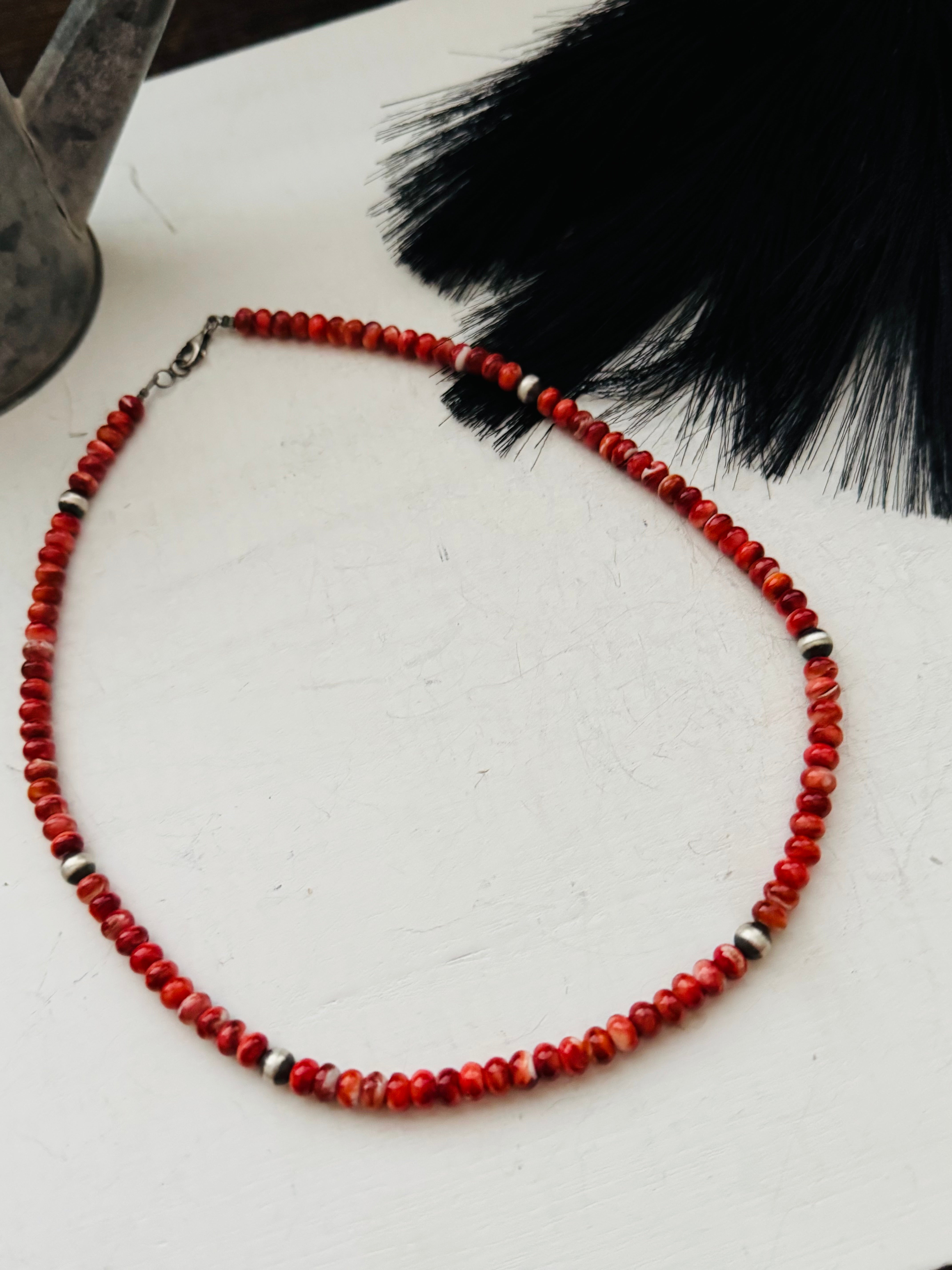 Theresa Skeets Red Spiny Oys & Sterling Silver Beaded Pearl Necklace