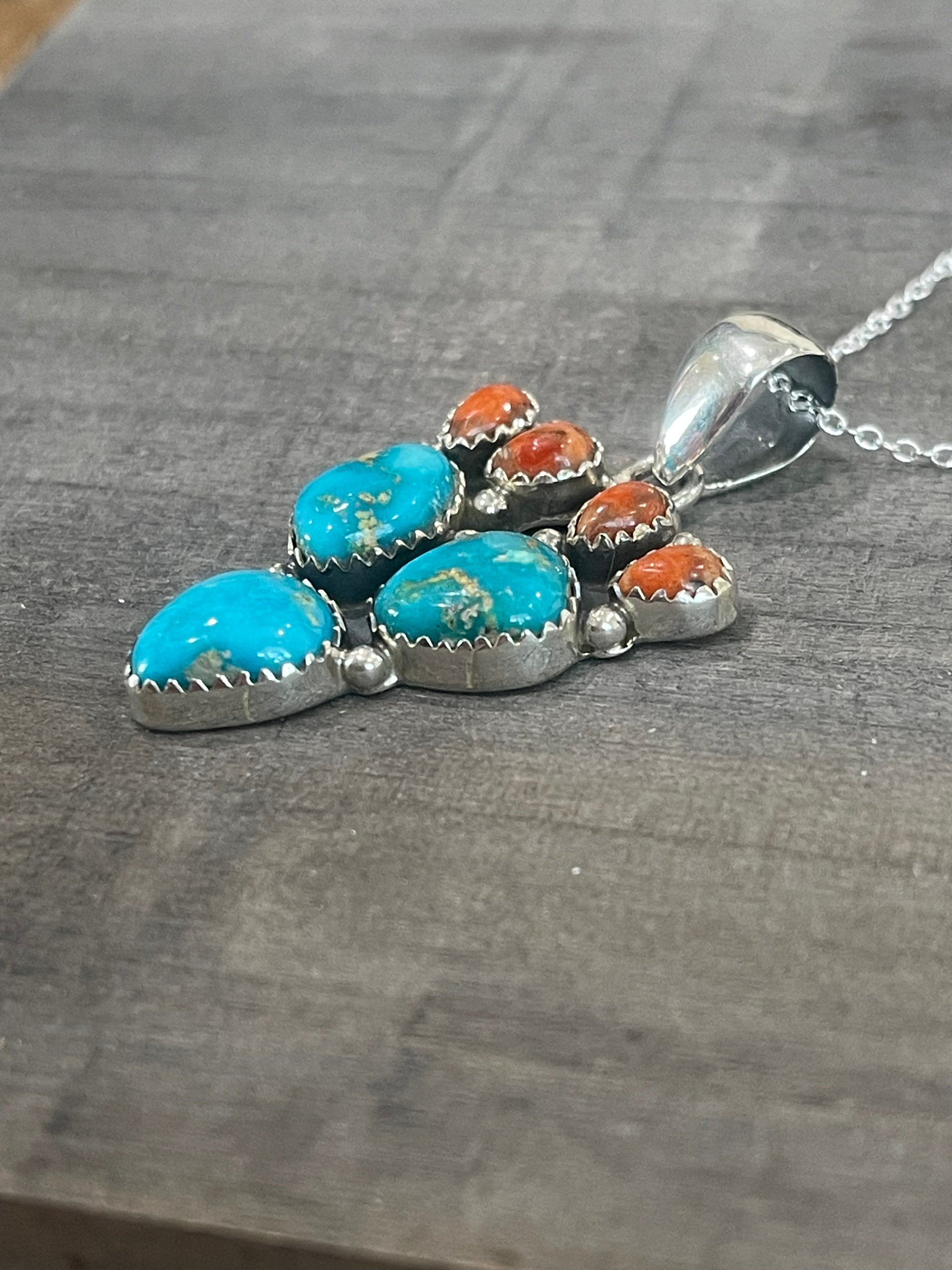 Southwest Handmade Sonoran Mountain Turquoise & Sterling Silver Prickly Pear Necklace