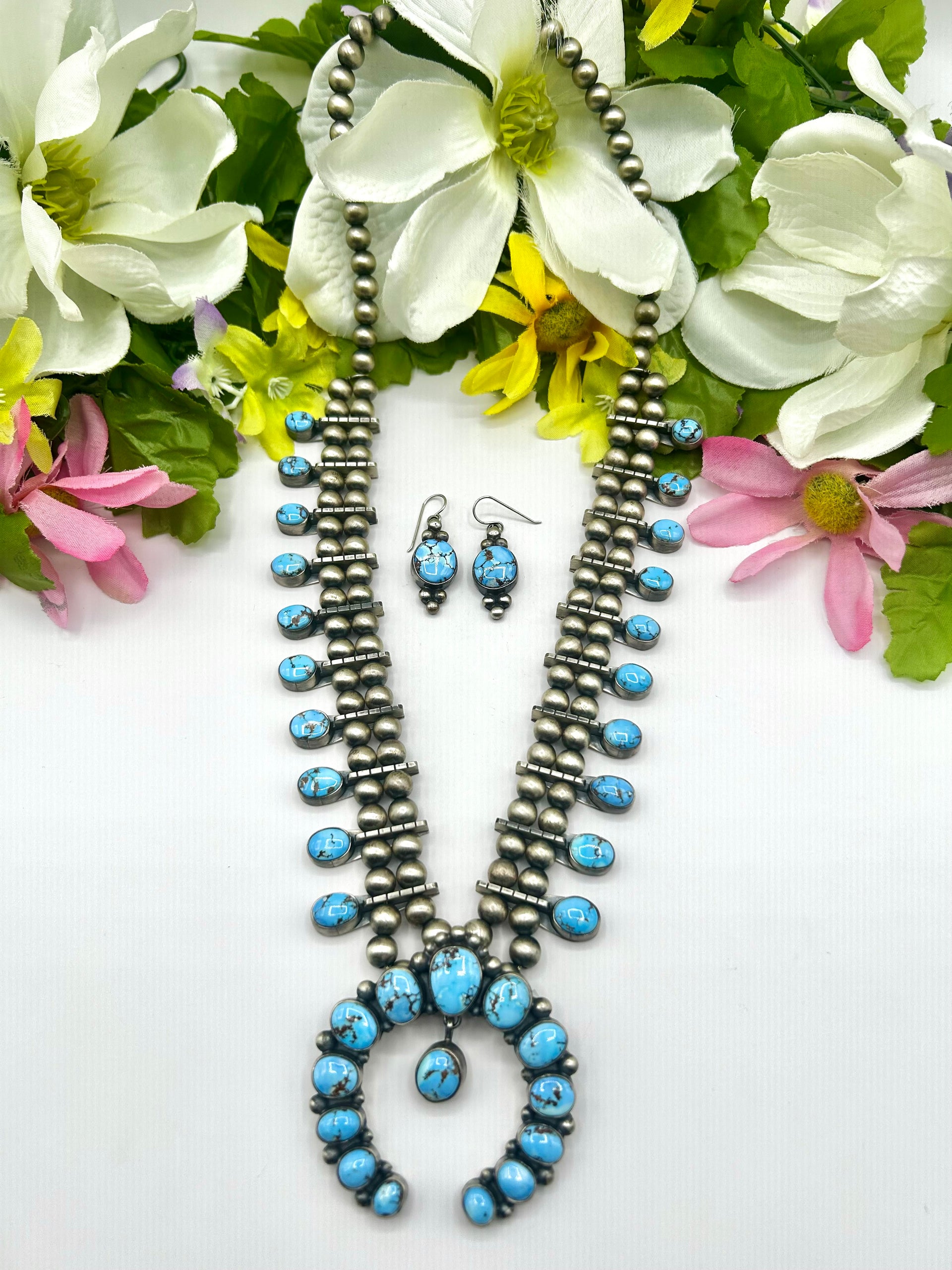 Navajo Made Golden Hill Turquoise & Sterling Silver Necklace Set