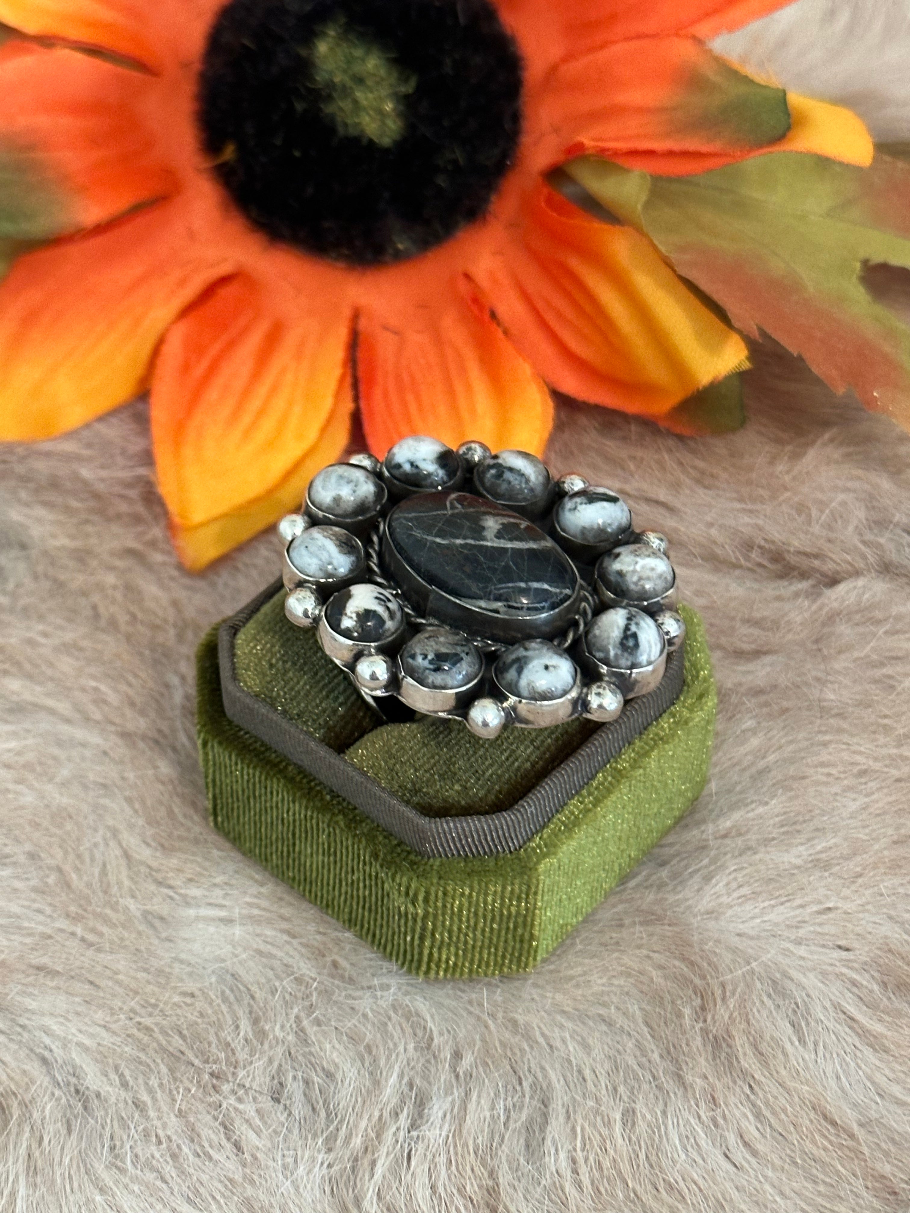 Navajo Handmade White Buffalo & Sterling Silver Adjustable Cluster Ring