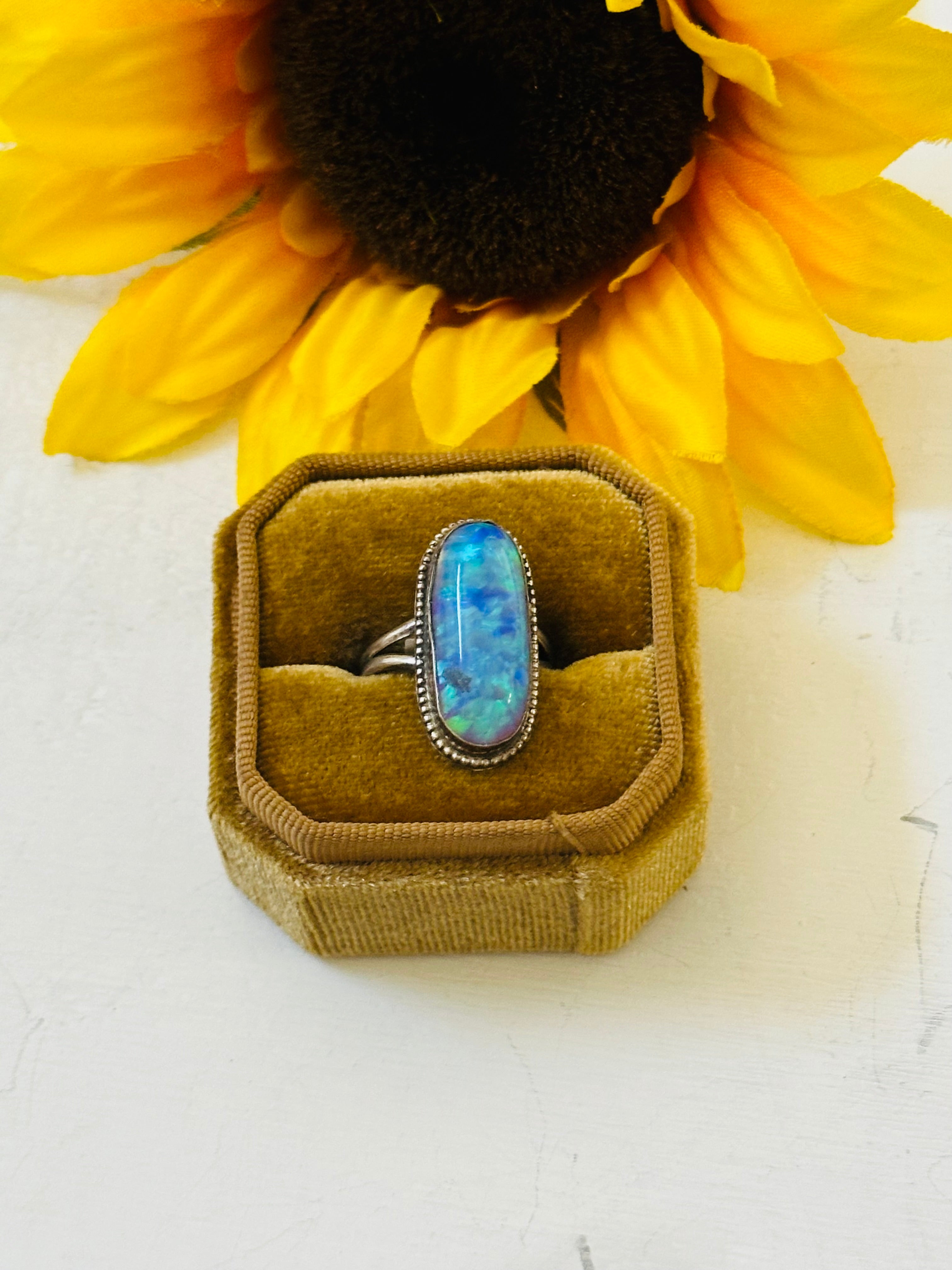 Navajo Made Blue Opal & Sterling Silver Ring Size 7.5