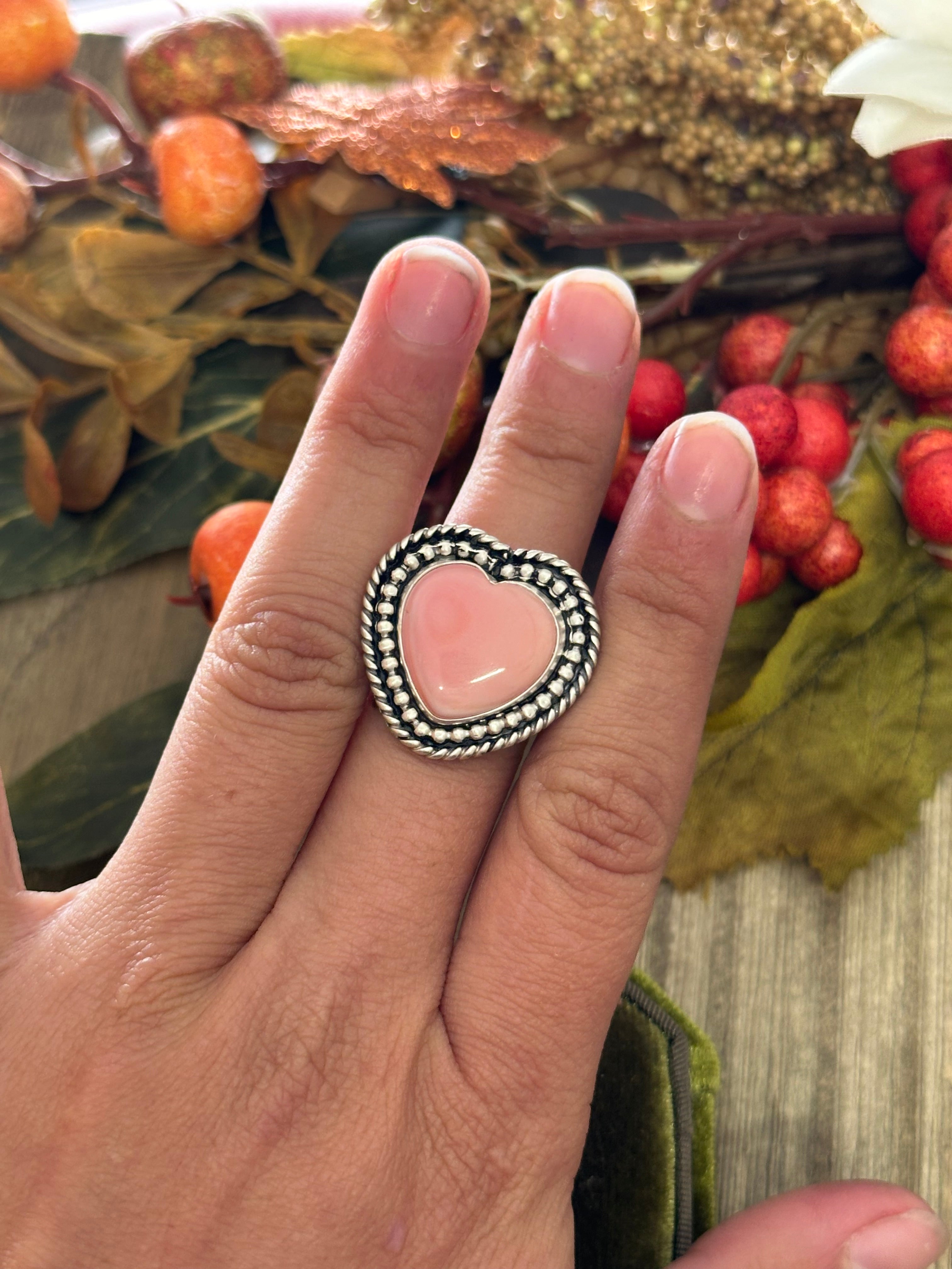 Navajo Made Pink Conch & Sterling Silver Heart Adjustable Ring