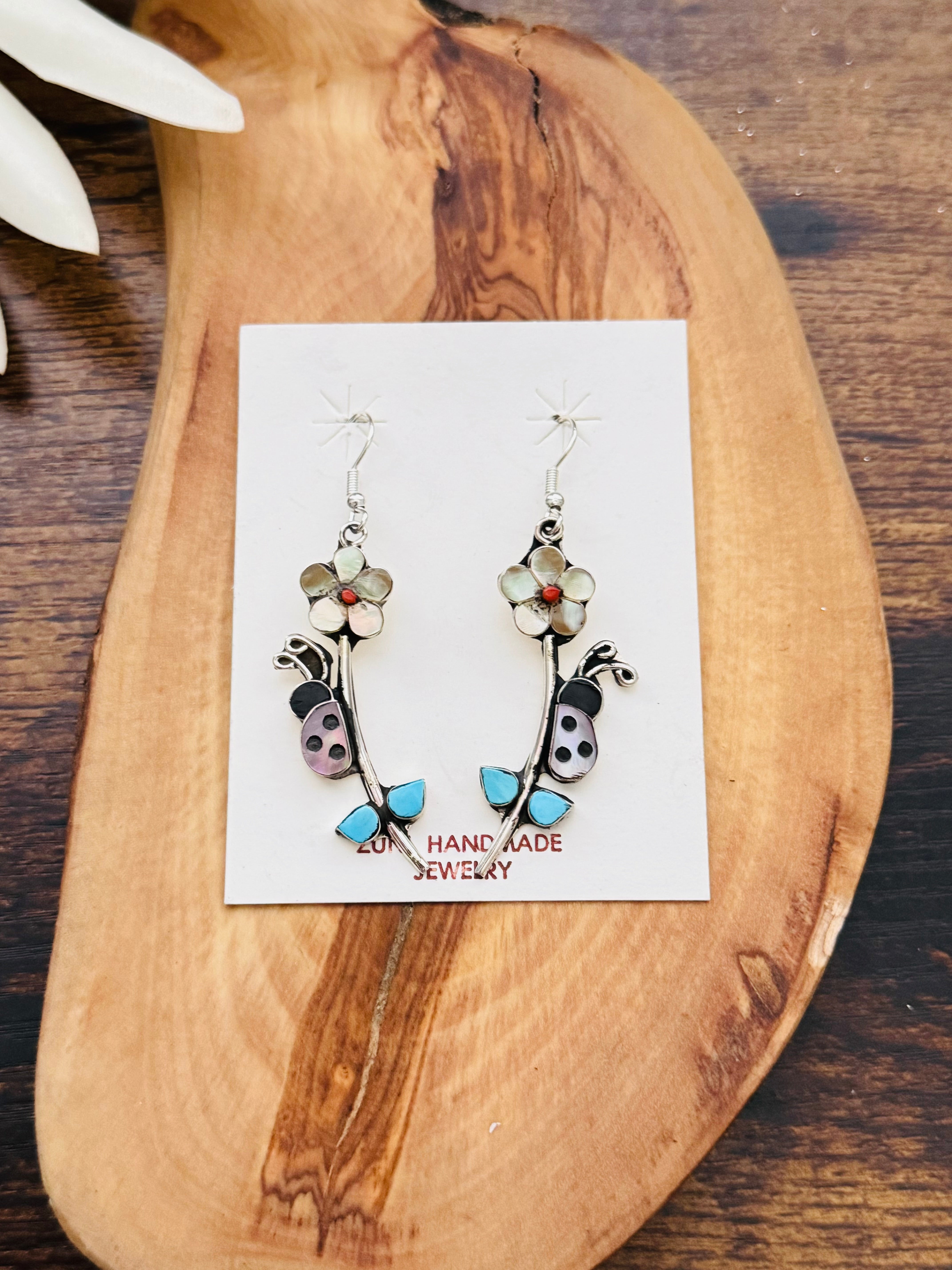 Zuni Made Multi Stone & Sterling Silver Dangle Earrings