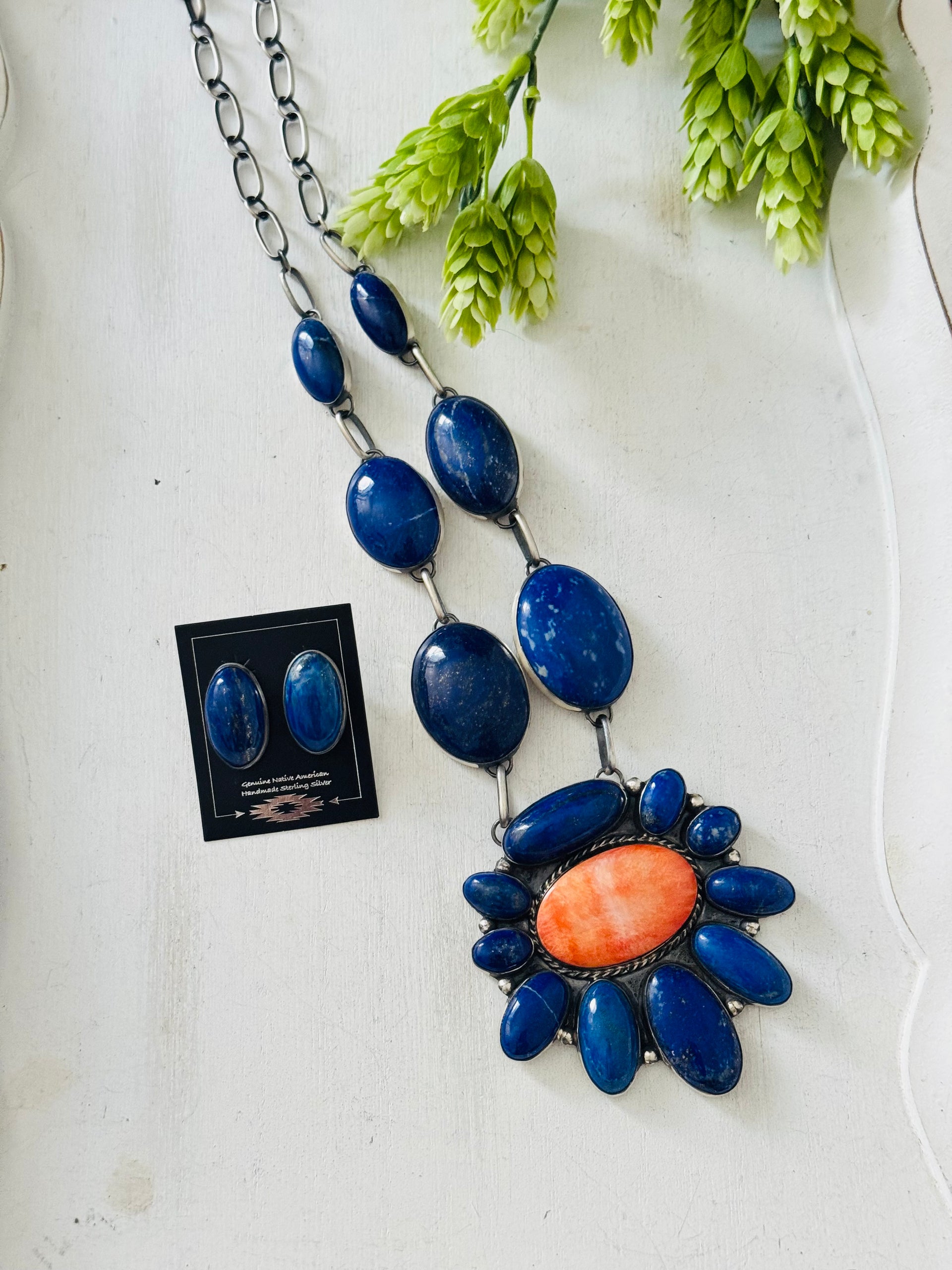 Navajo Made Multi Stone & Sterling Silver Cluster Necklace Set