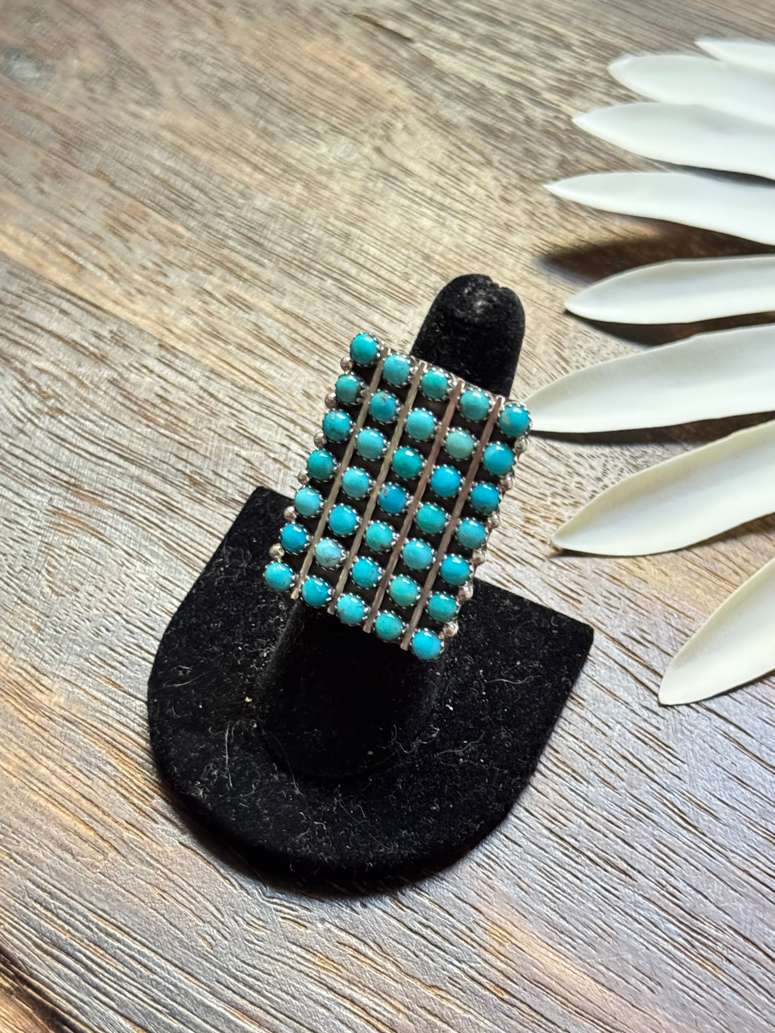 Navajo Made Kingman Turquoise & Sterling Silver Cluster Ring Size 6.75