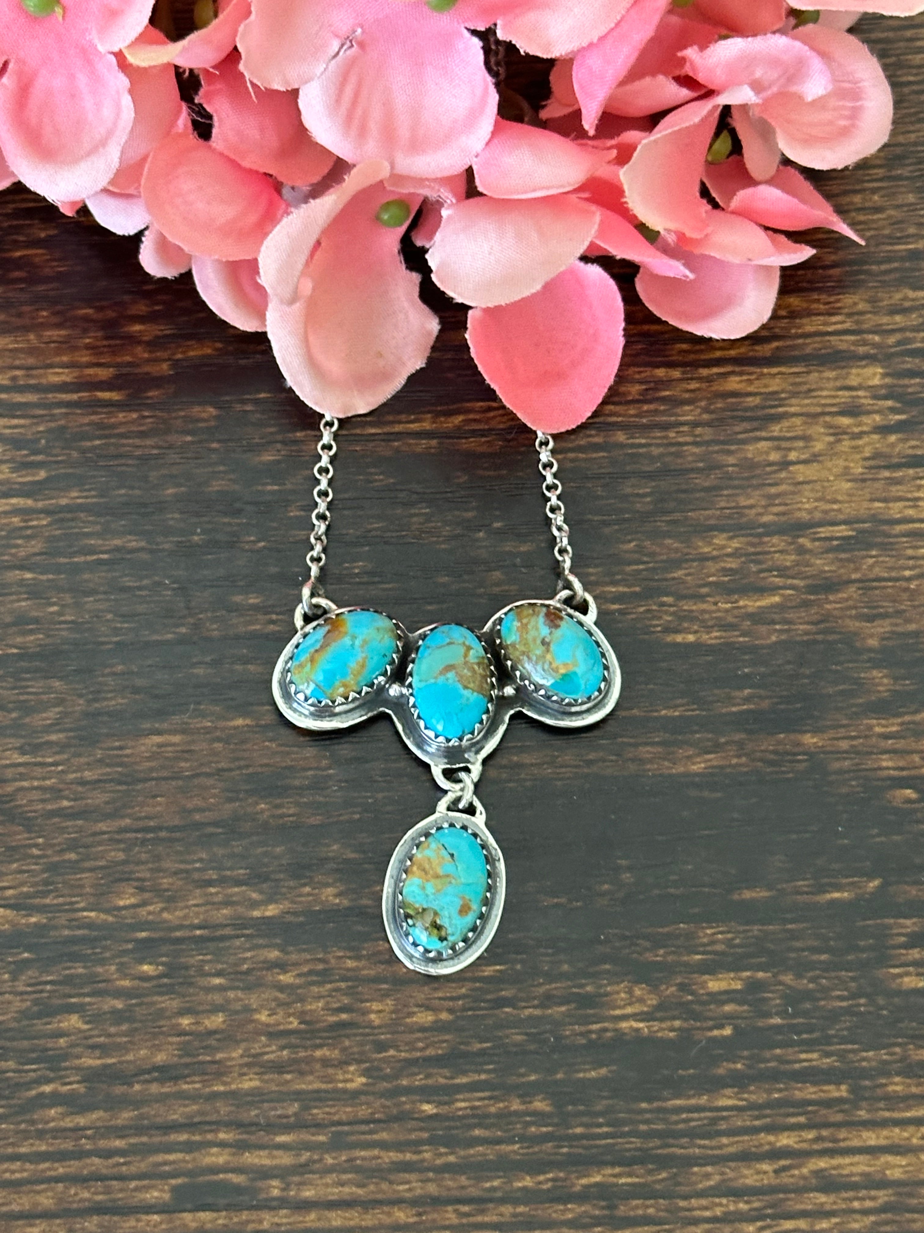 Southwest Handmade Kingman Turquoise & Sterling Silver Cluster Necklace