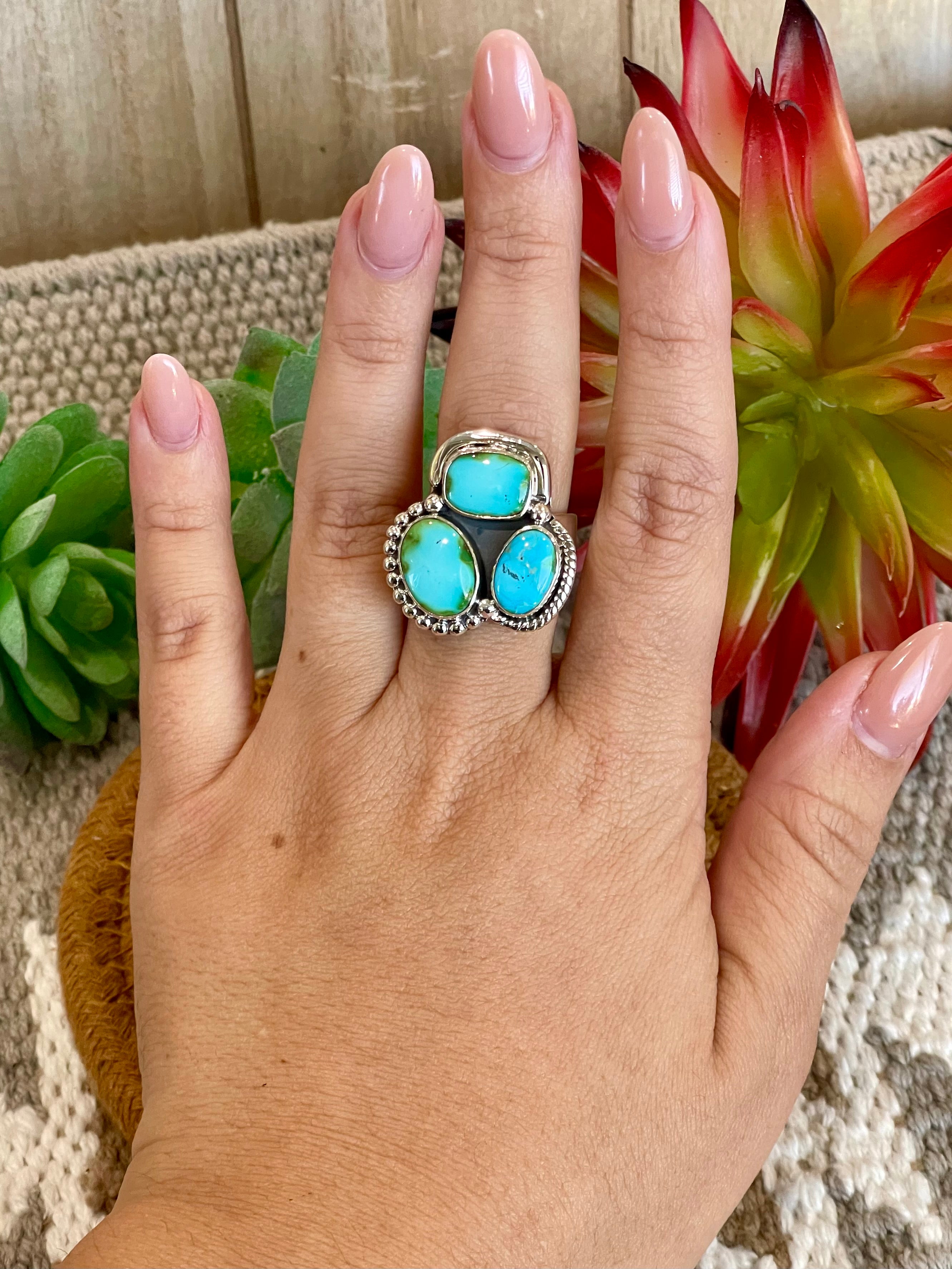 Southwest Handmade Sonoran Mountain Turquoise & Sterling Silver Adjustable 3 Stone Ring