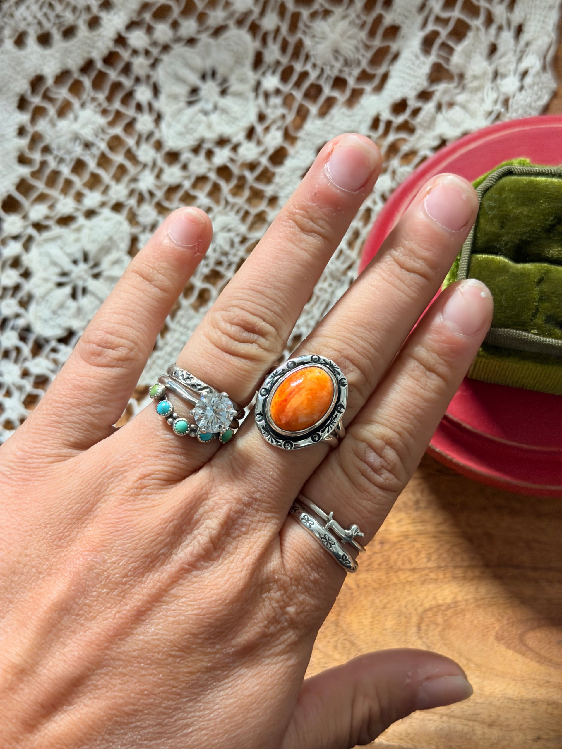 Navajo Made Spiny Oyster  & Sterling Silver Ring