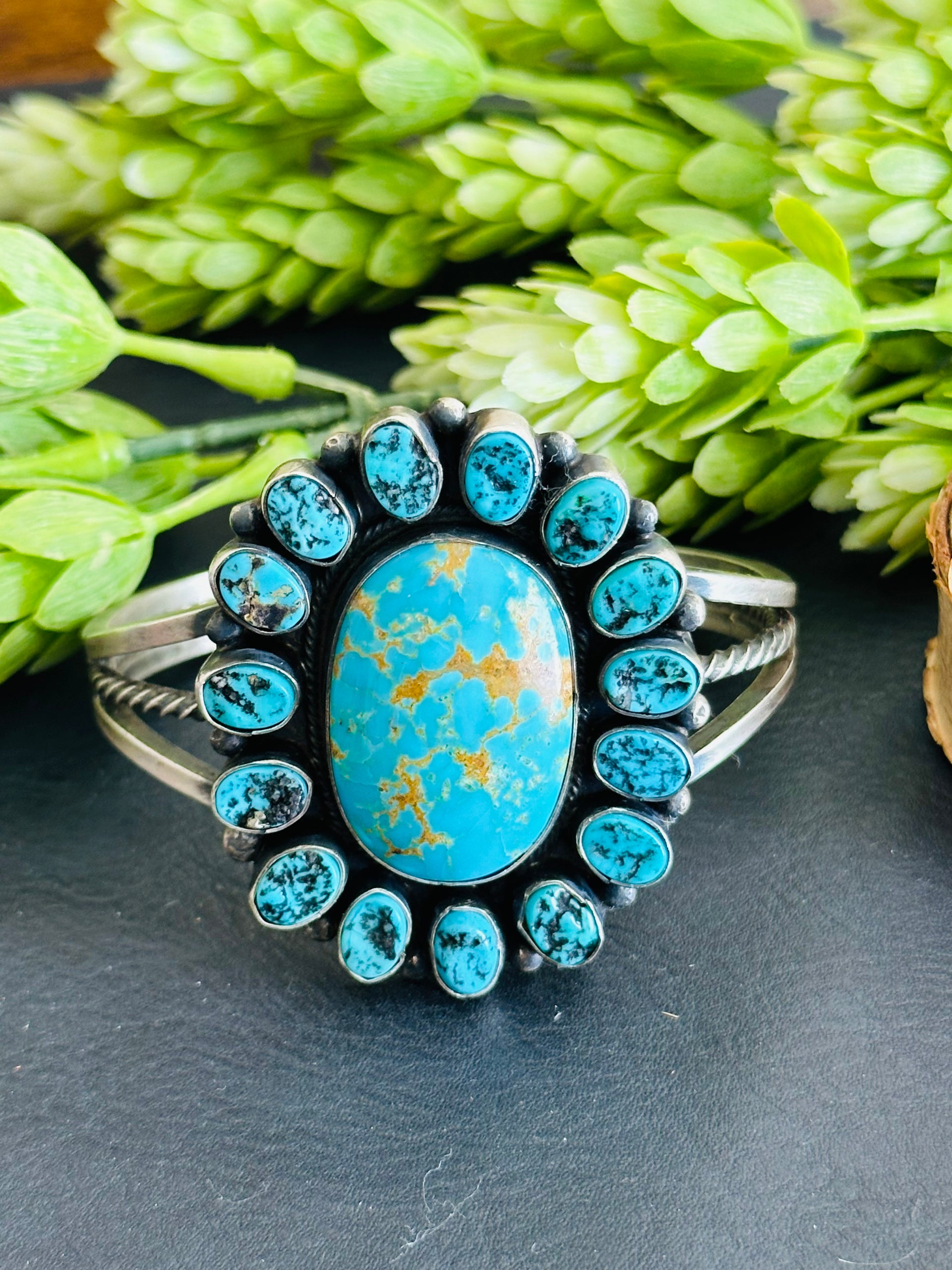 Navajo Made Kingman Turquoise & Sterling Silver Cluster Cuff Bracelet