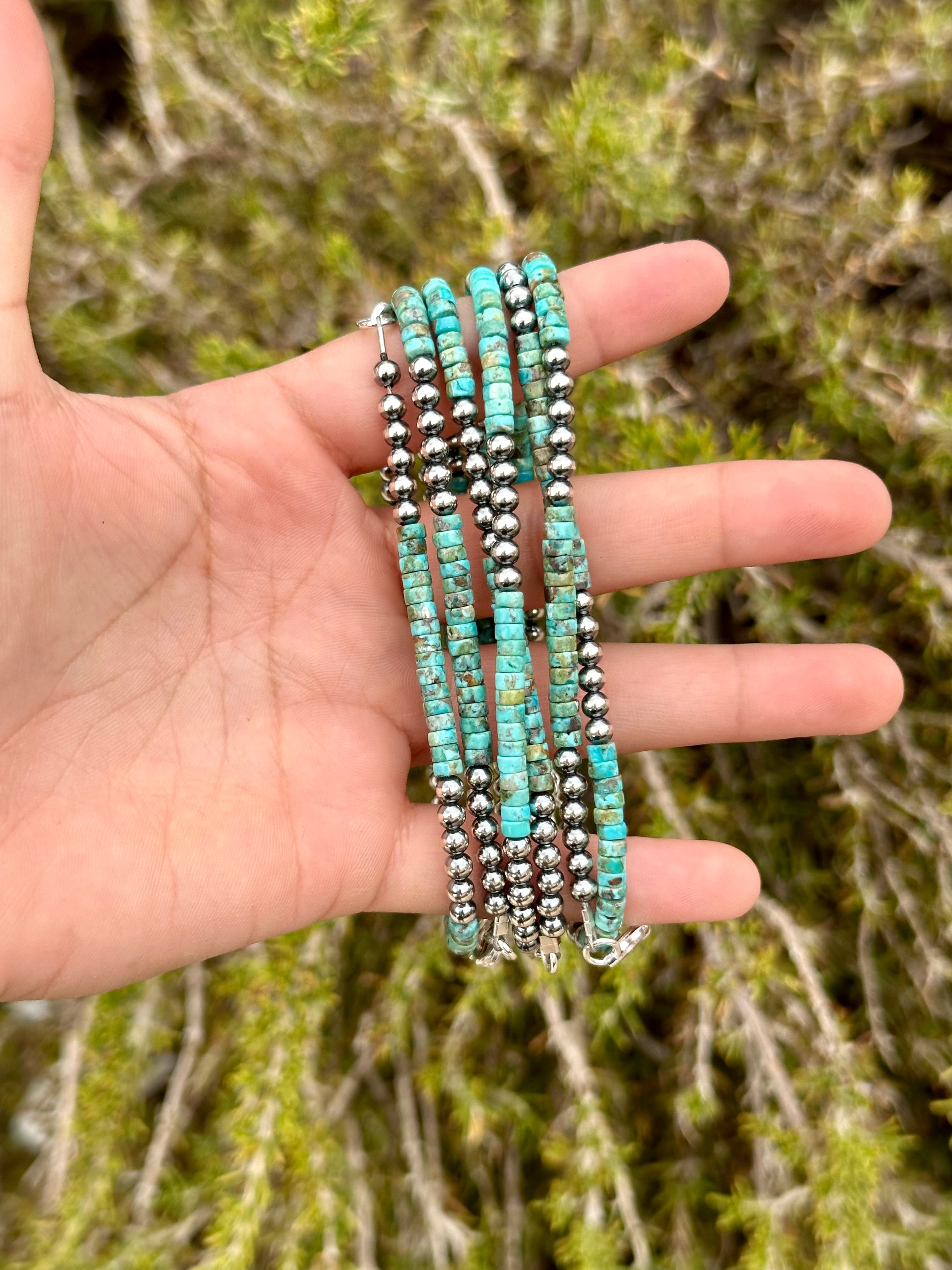 Navajo Strung Kingman Turquoise & Sterling Silver Pearl Bracelet