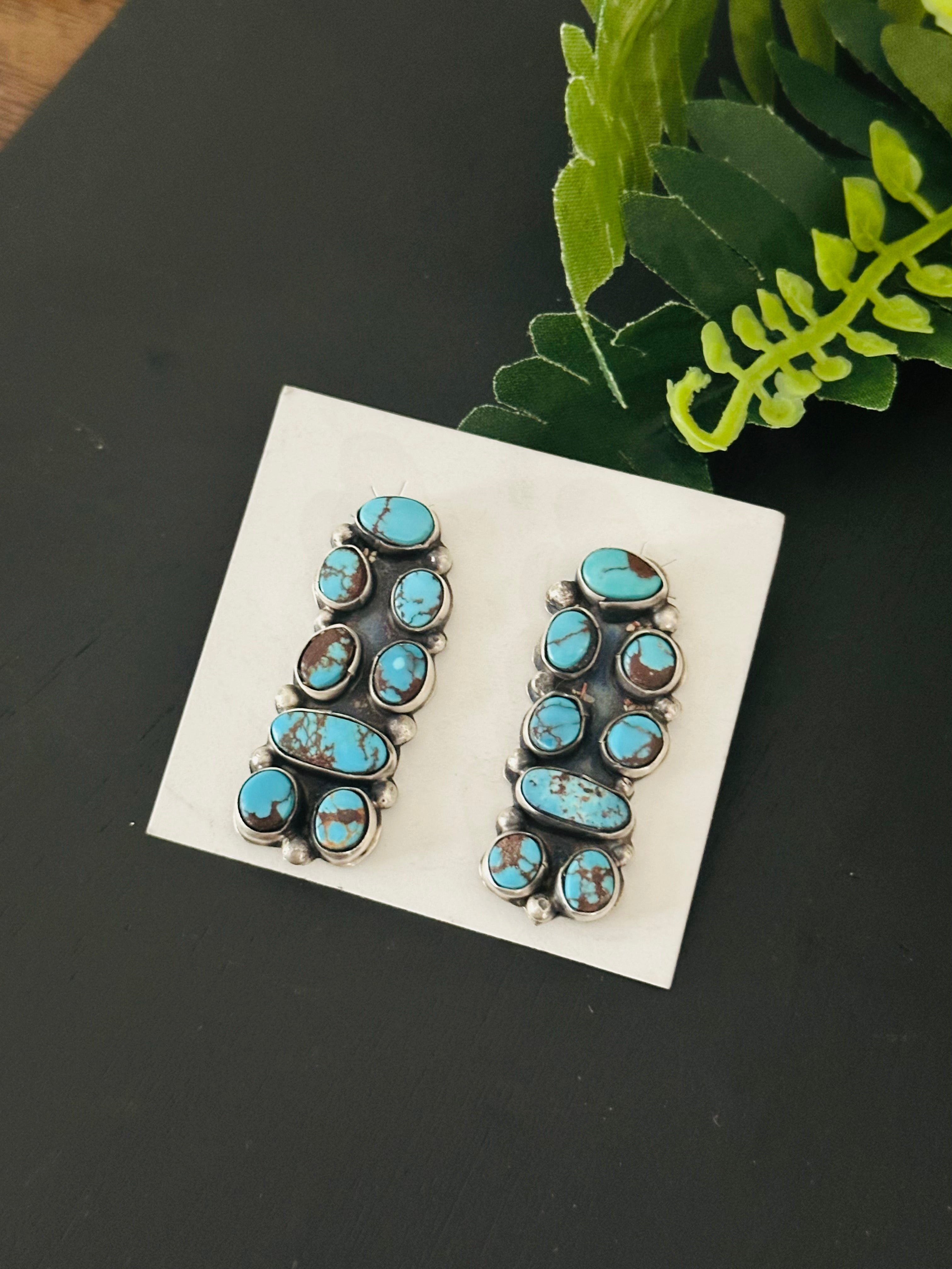 Navajo Made Egyptian Turquoise & Sterling Silver Post Dangle Earrings