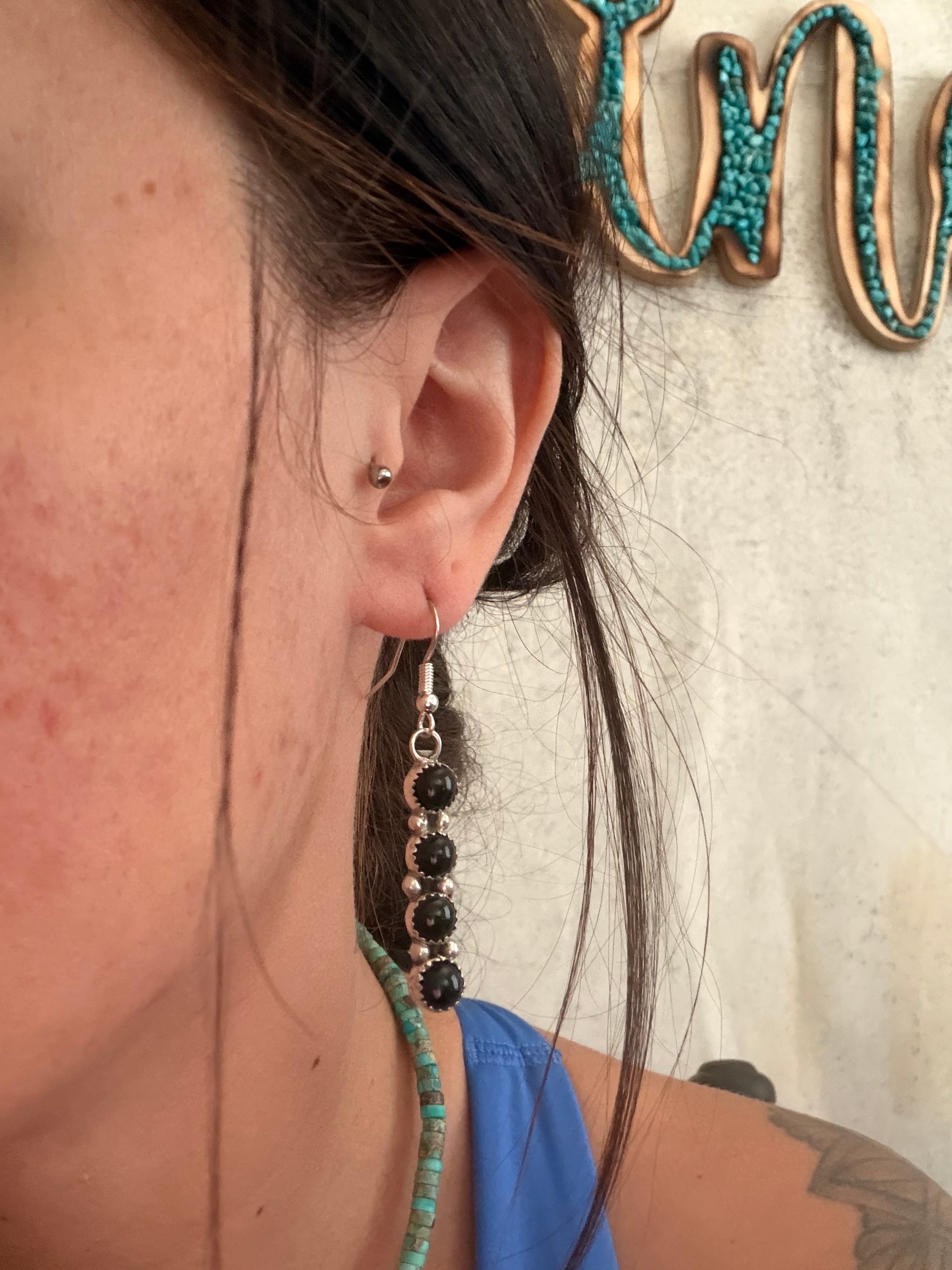 Navajo Made Onyx & Sterling Silver Cluster Dangle Earrings