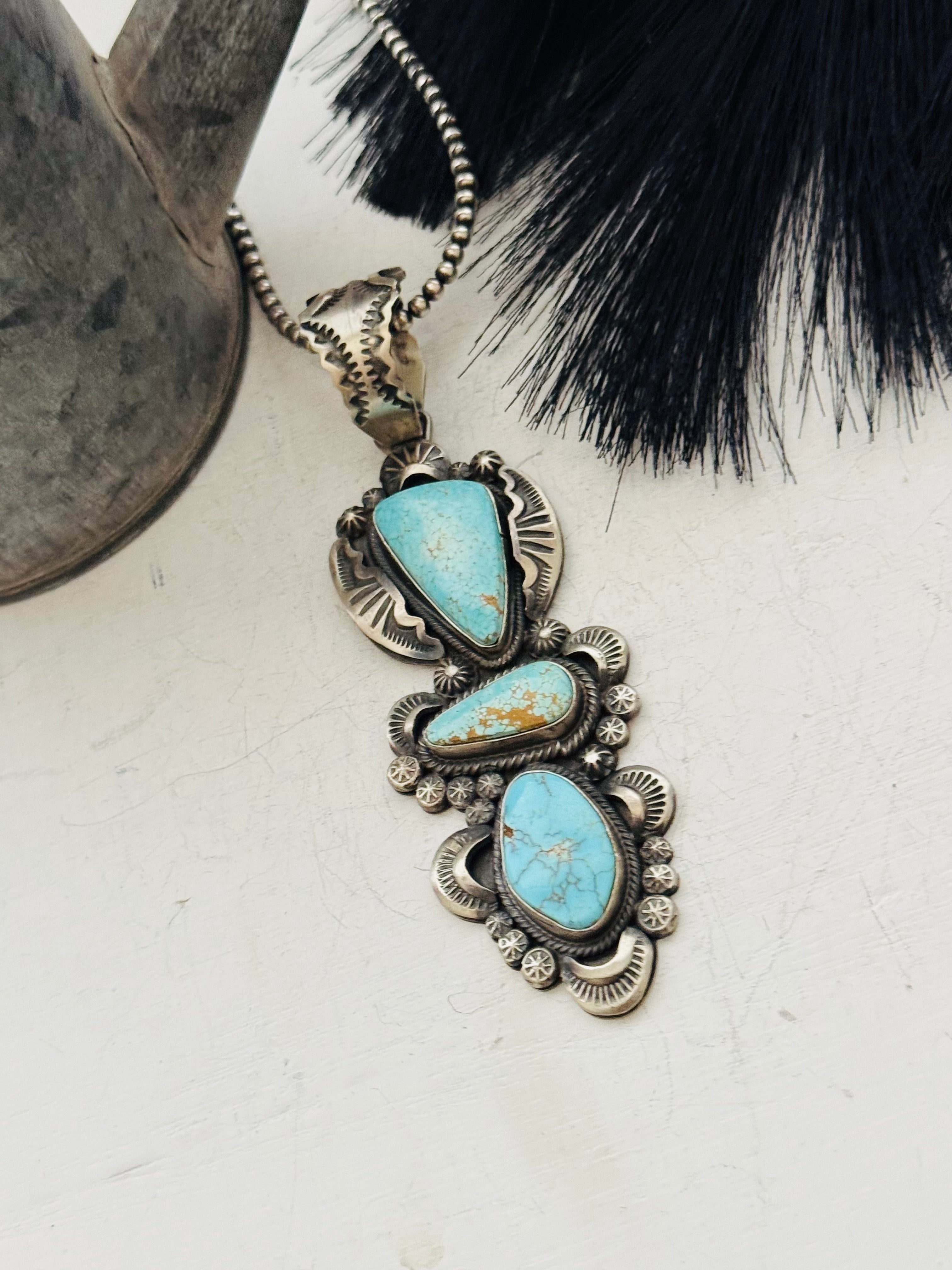 Gilbert Tom High Grade #8 Turquoise & Sterling Silver Pendant