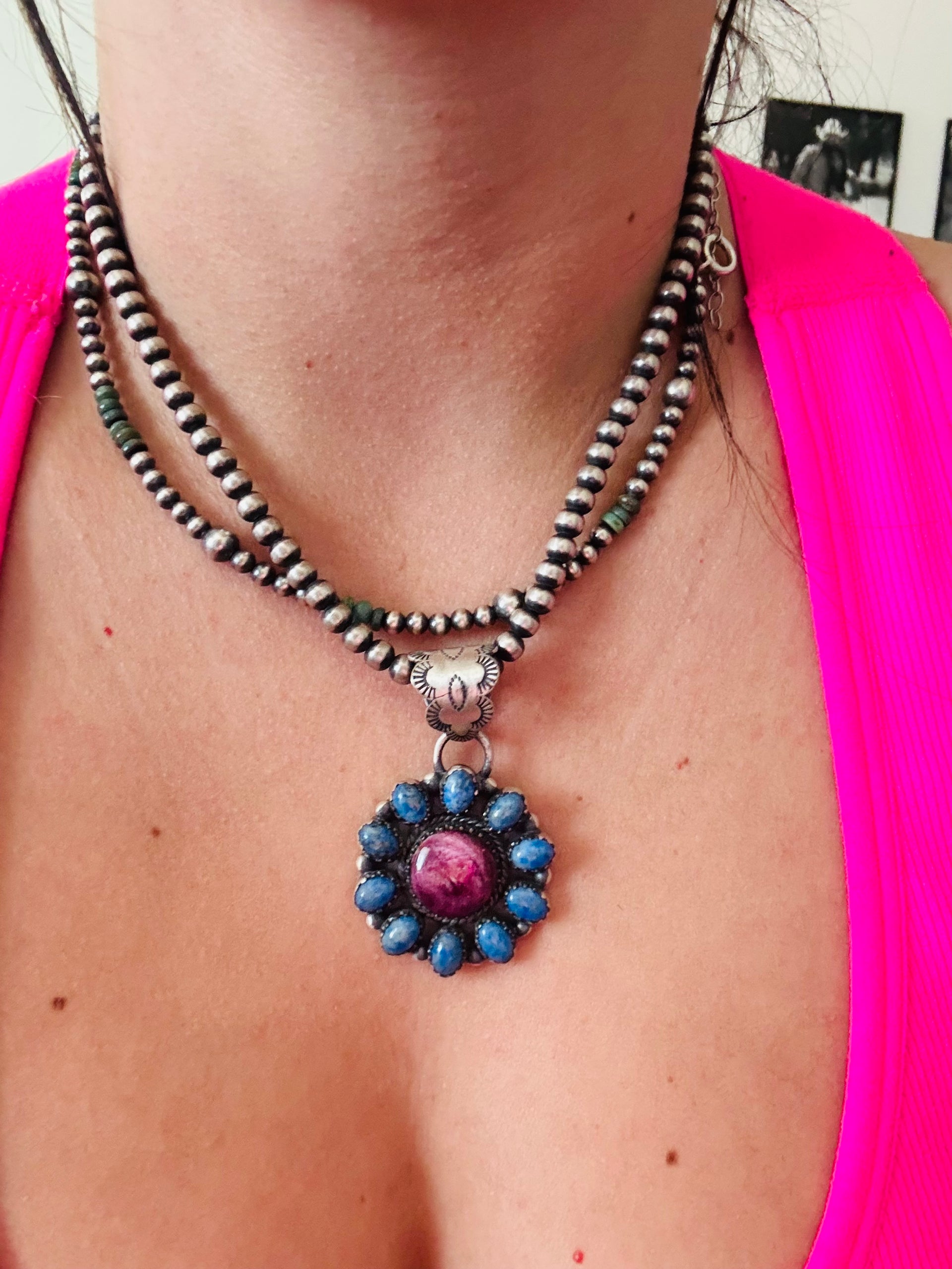 Southwest Multi Stone & Sterling Silver Cluster Pendant