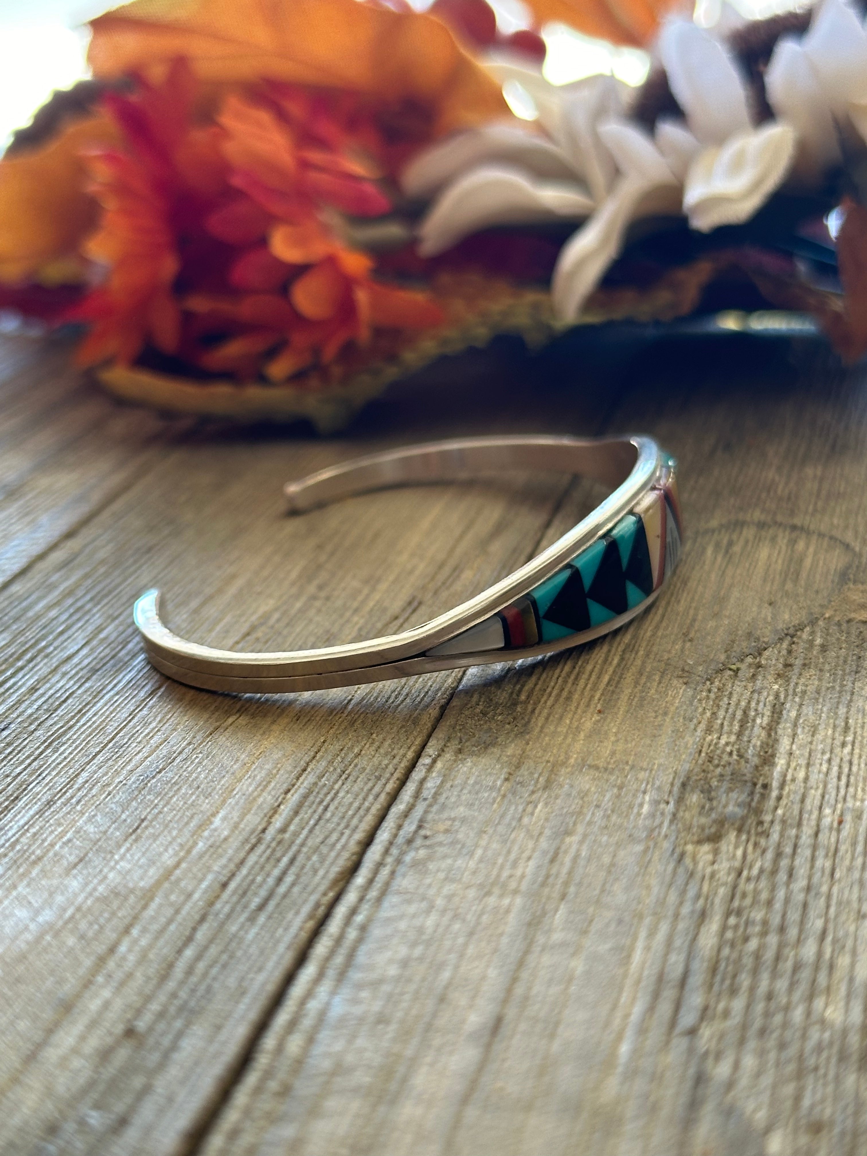 Zuni Made Multi Stone & Sterling Silver Inlay Cuff Bracelet