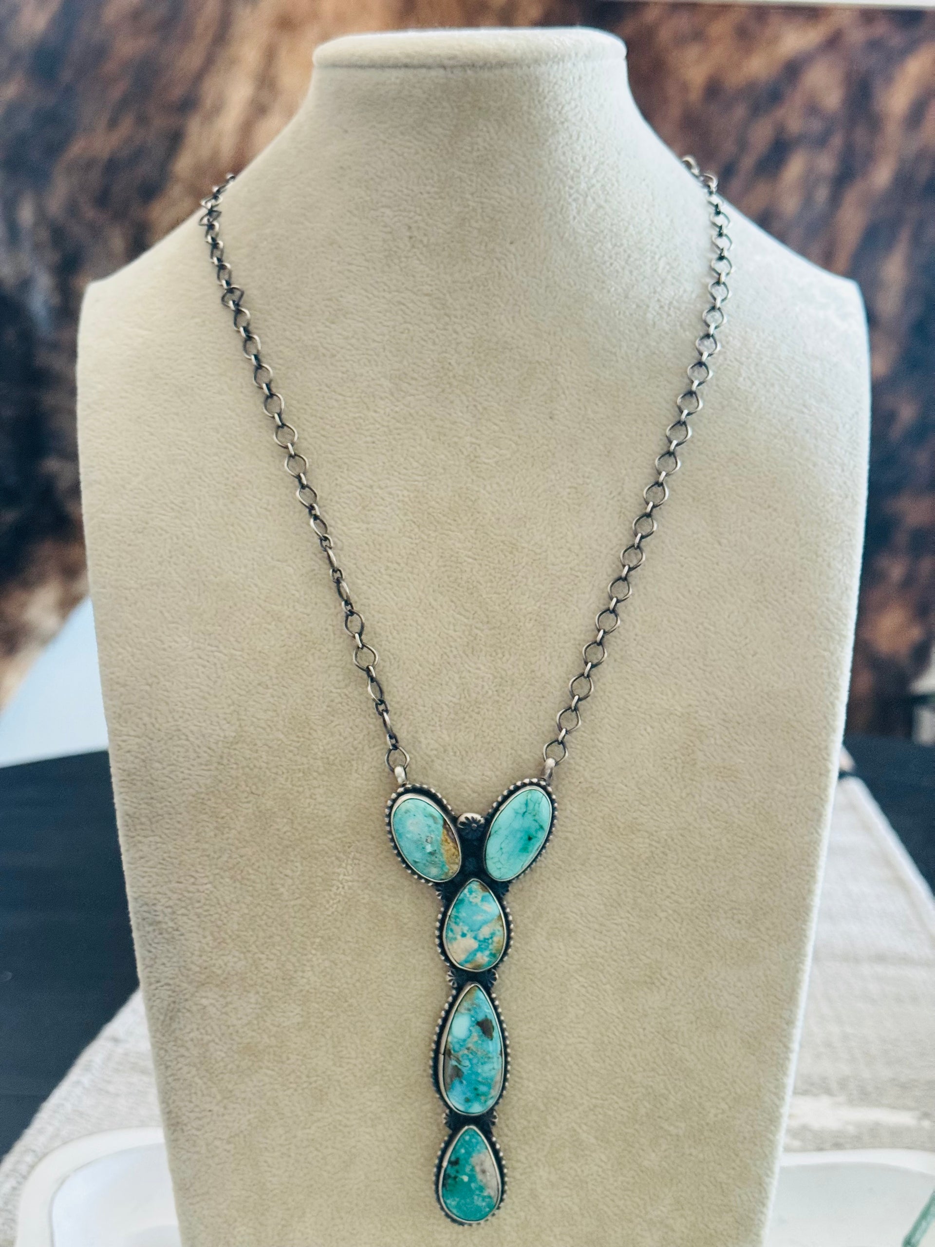 Navajo Made Royston Turquoise & Sterling Silver Cluster Necklace