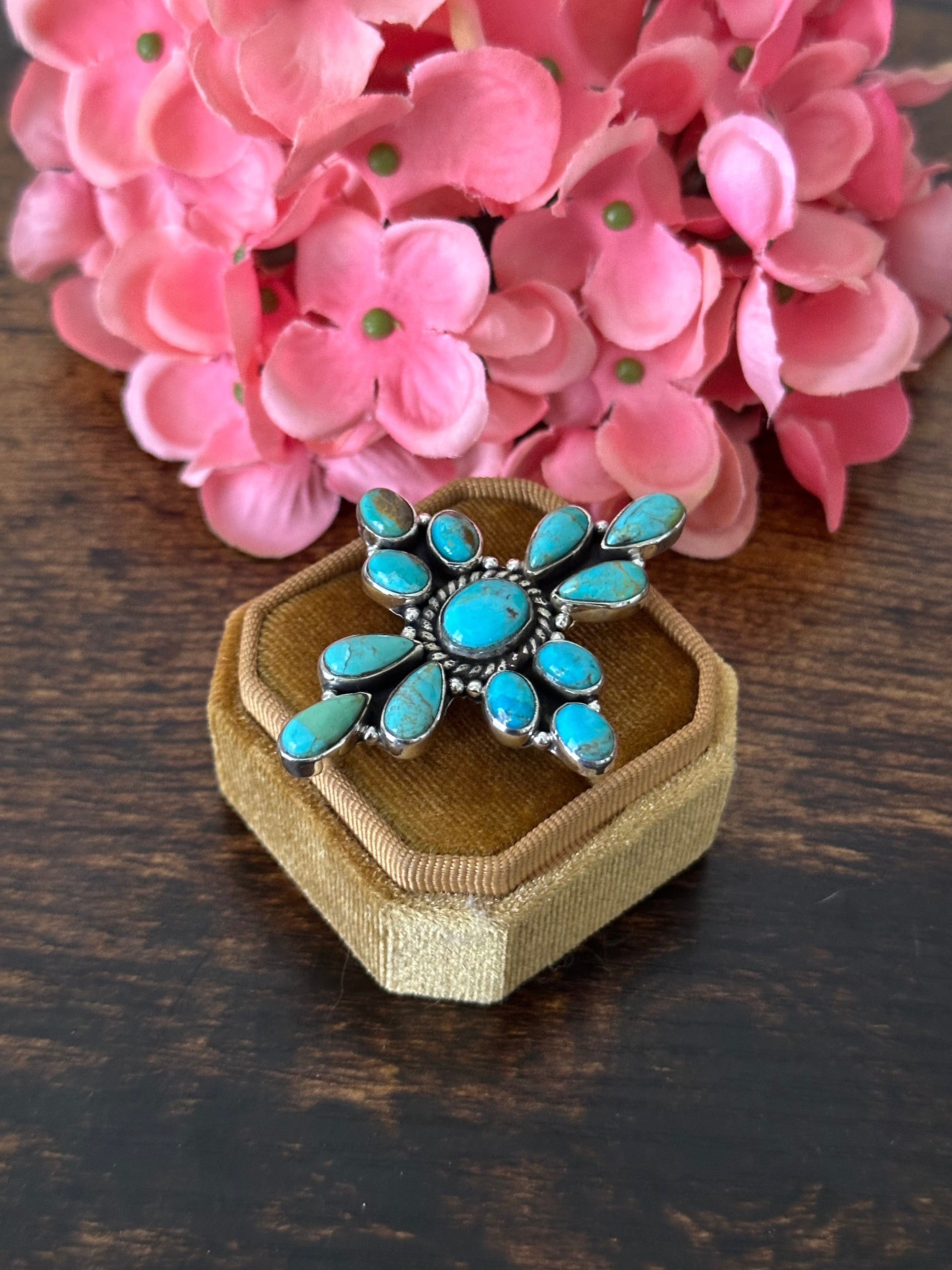 Southwest Handmade Kingman Turquoise & Sterling Silver Cluster Adjustable Ring