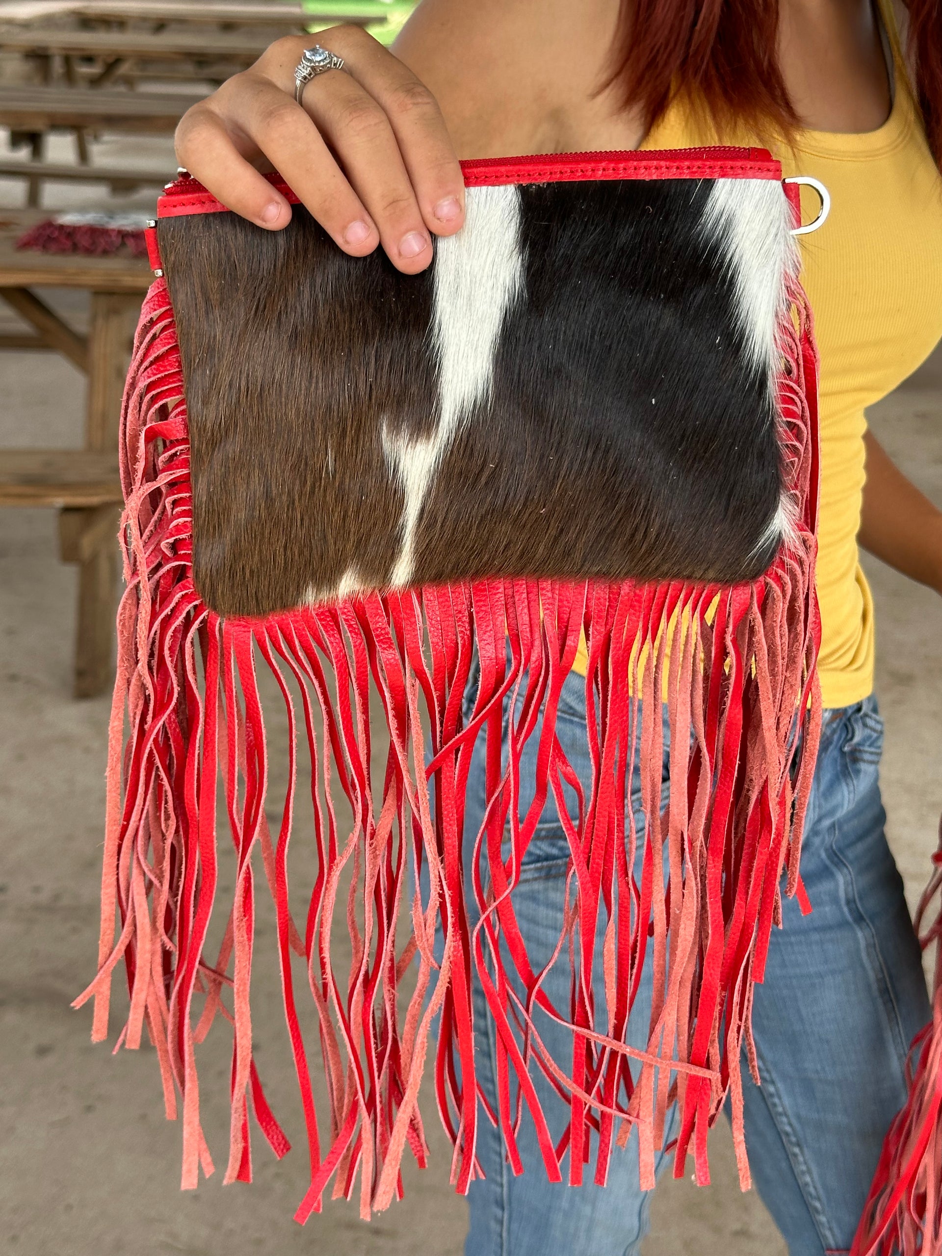 Genuine Leather Cowhide Tooled Cross Body Fringe Purse