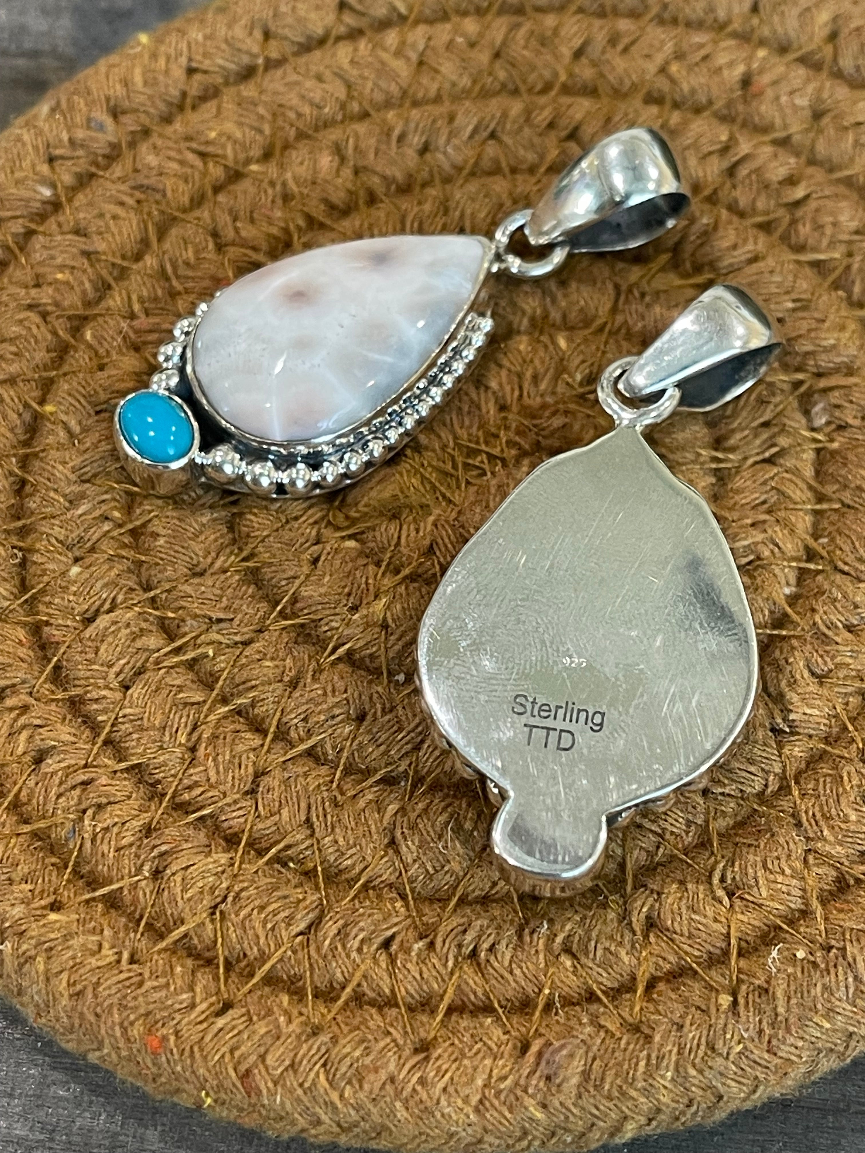 Southwest Handmade Pink Larimar And Kingman Turquoise & Sterling Silver Pendant