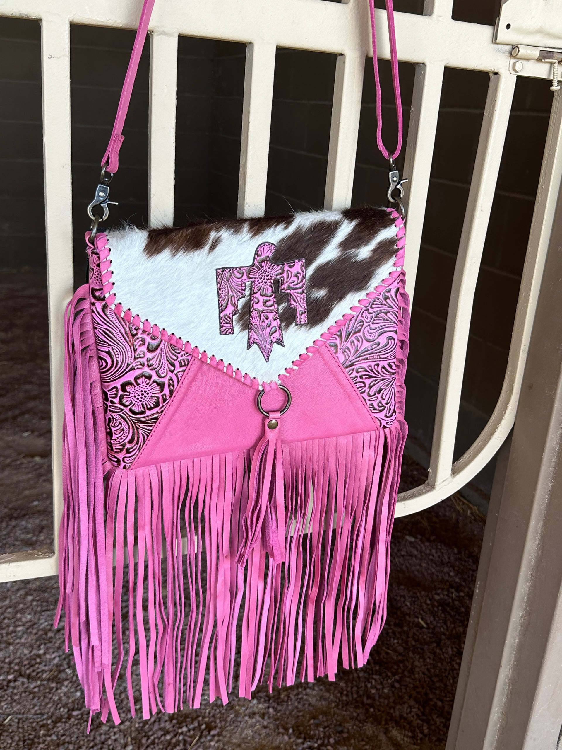 Genuine Tooled Leather & Cowhide Fringe Purse