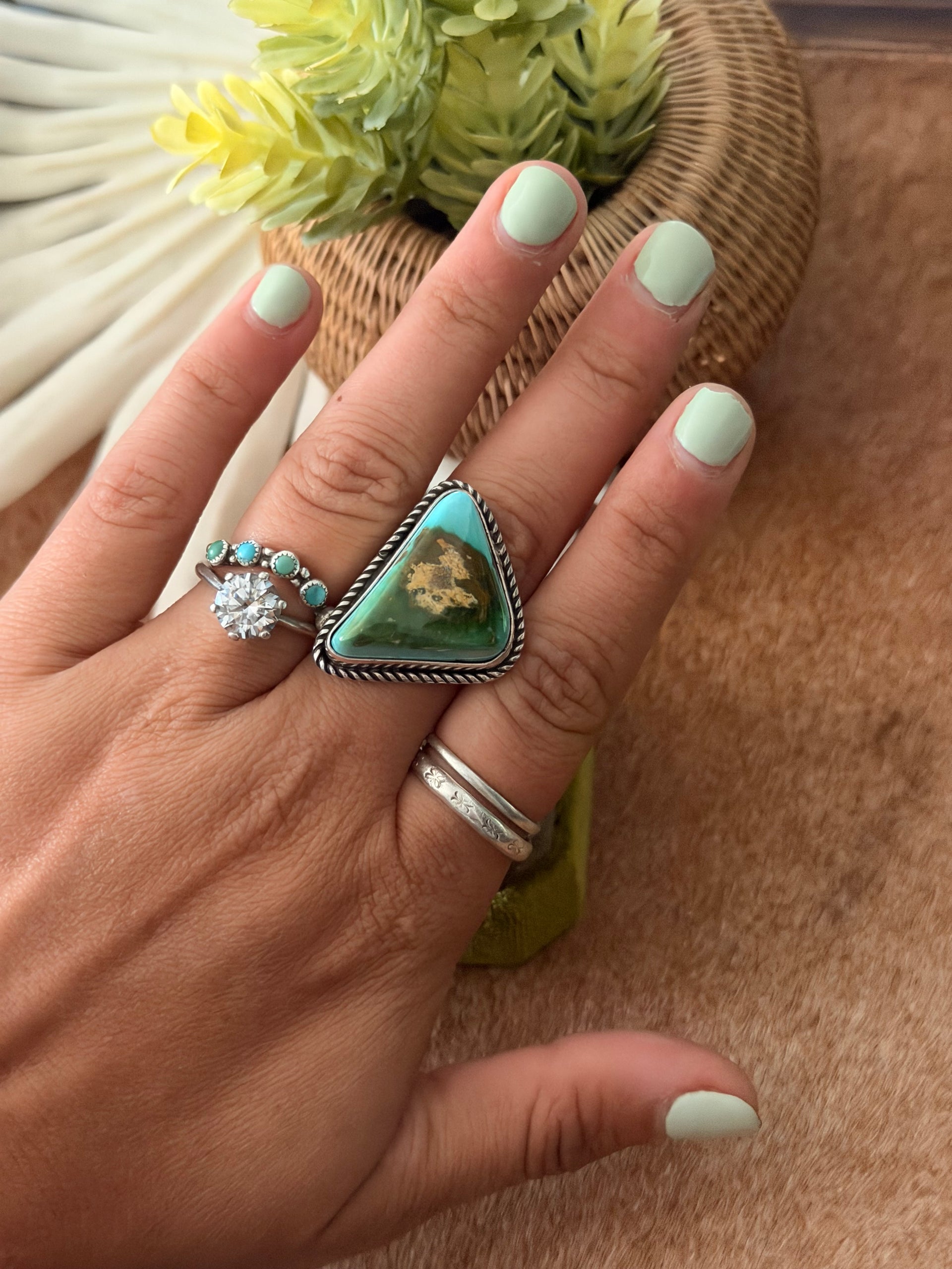 Navajo Made Royston Turquoise & Sterling Silver Ring Size 9.5