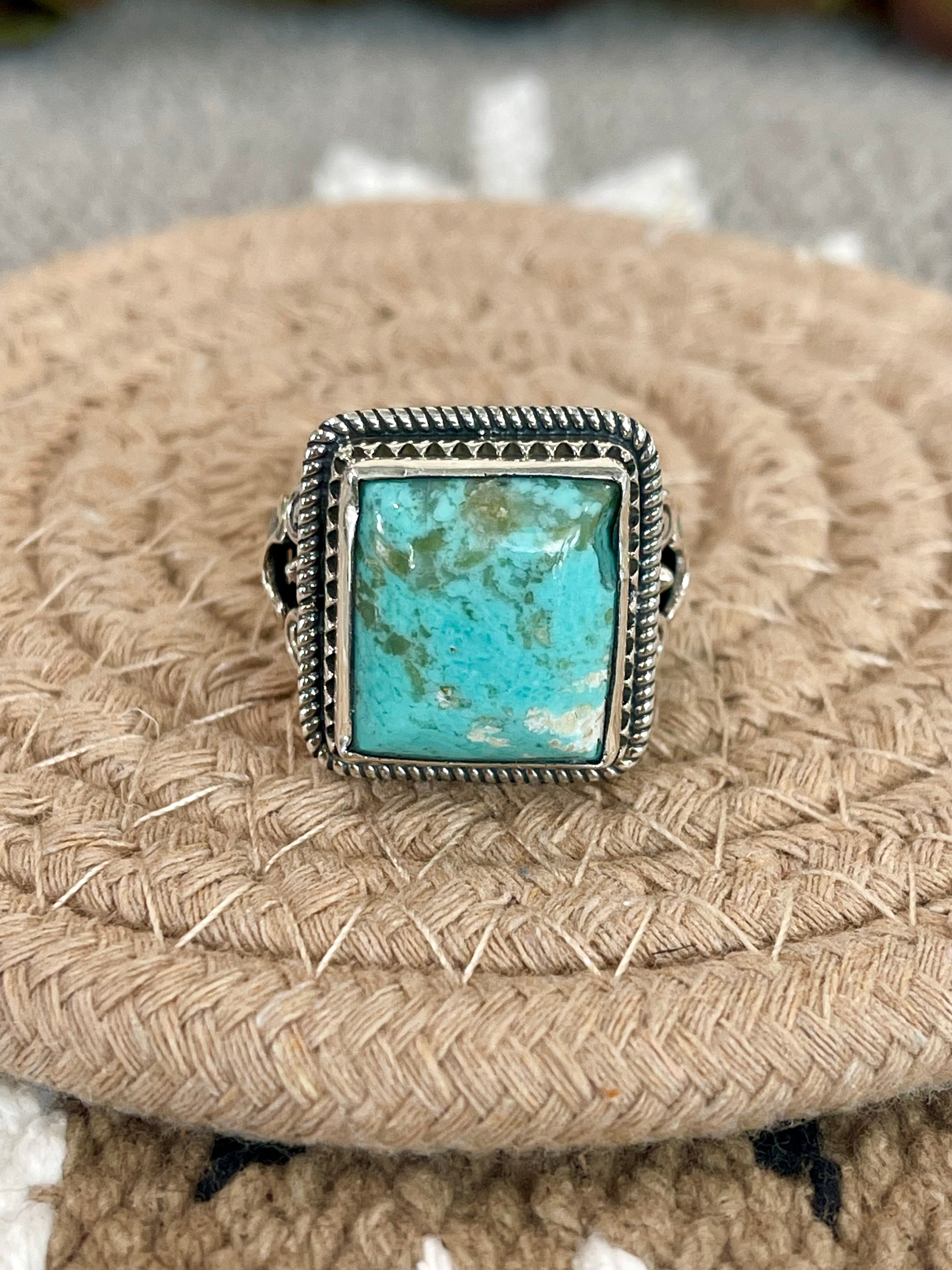 Southwest Handmade Kingman Turquoise & Sterling Silver Size 8 Square Ring