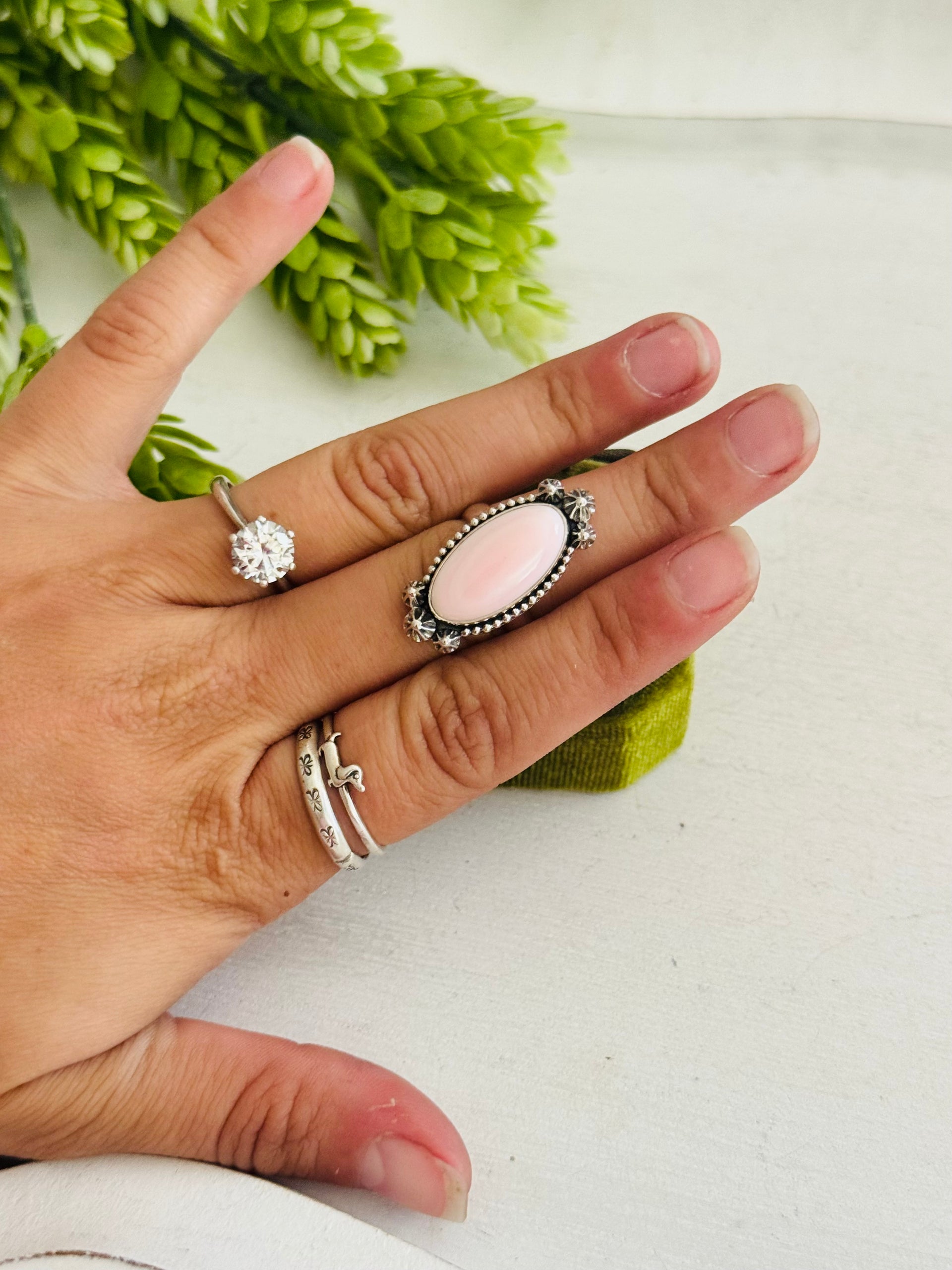 Southwest Made Pink Conch & Sterling Sliver Adjustable Ring