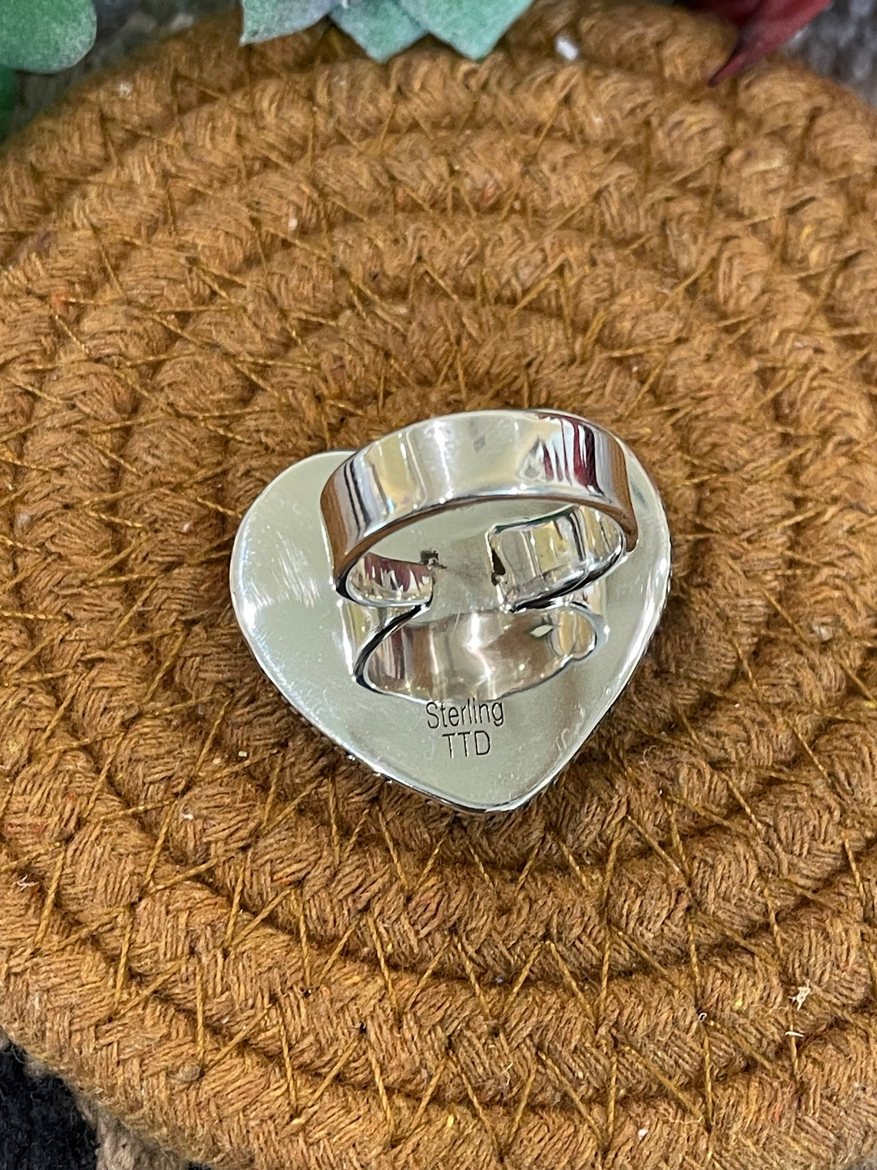 Southwest Handmade Mother Of Pearl & Sterling Silver Adjustable Heart Ring