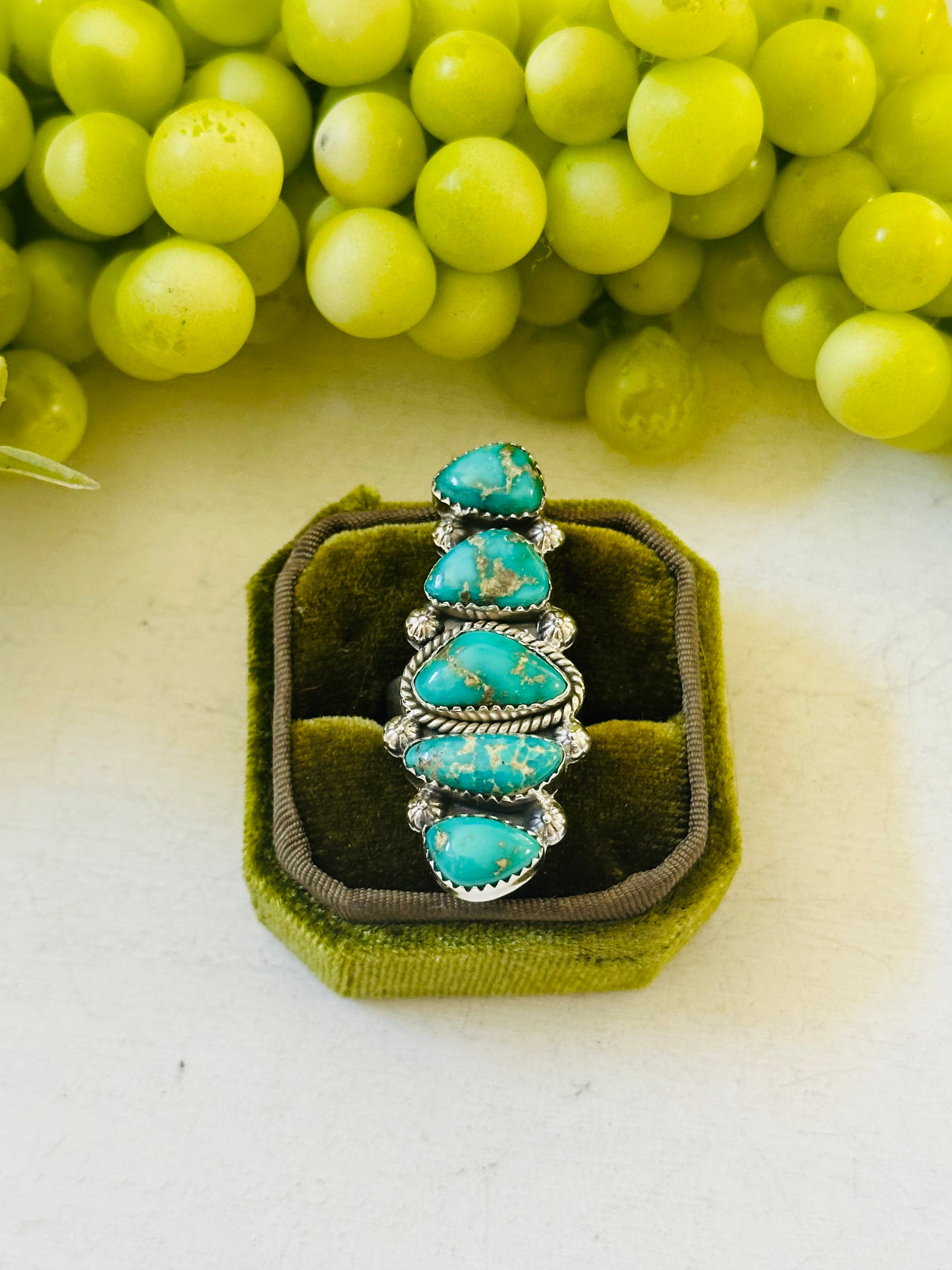 Southwest Handmade Emerald Valley Turquoise & Sterling Silver Adjustable Cluster Ring