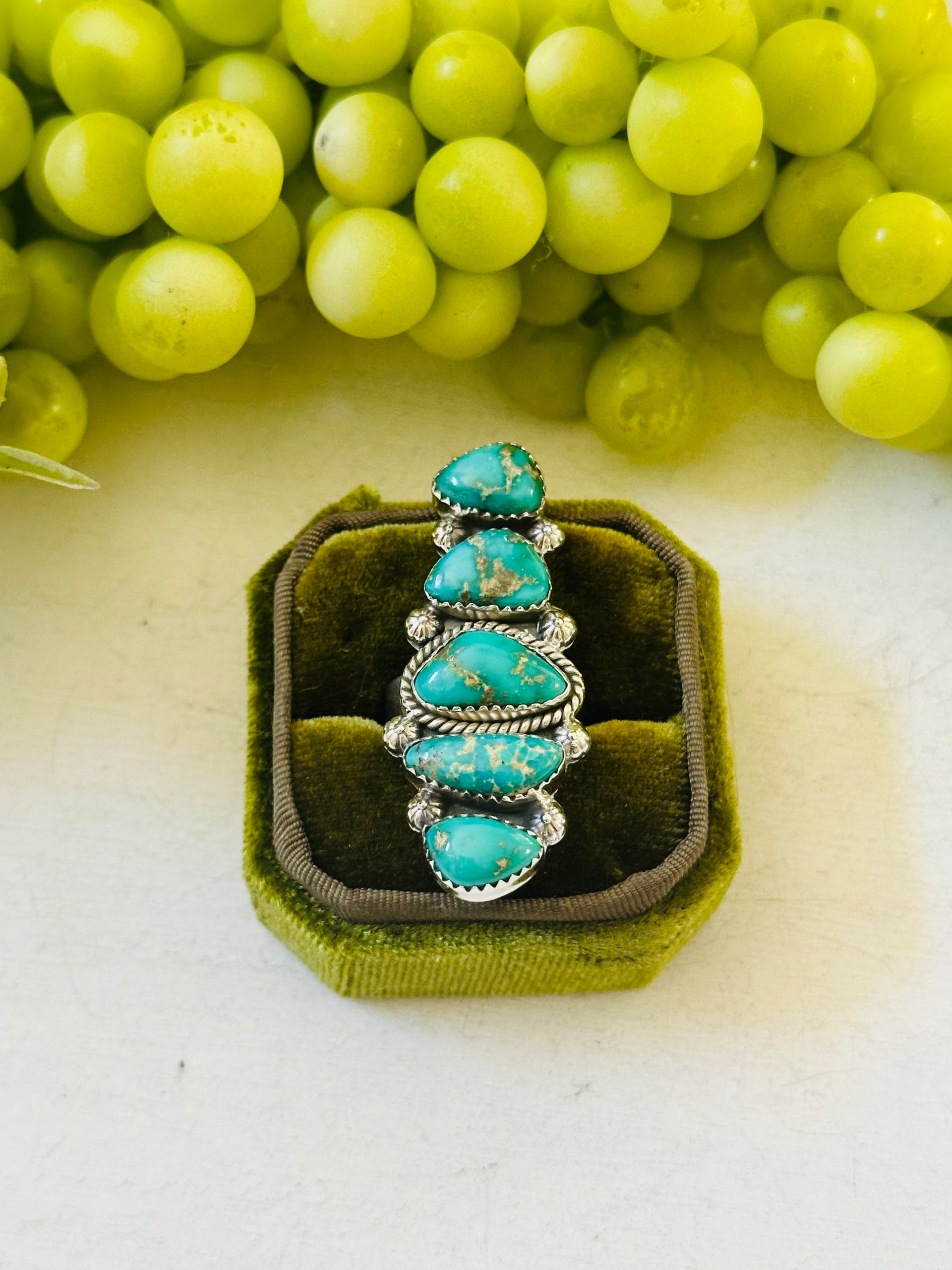 Southwest Handmade Emerald Valley Turquoise & Sterling Silver Adjustable Cluster Ring