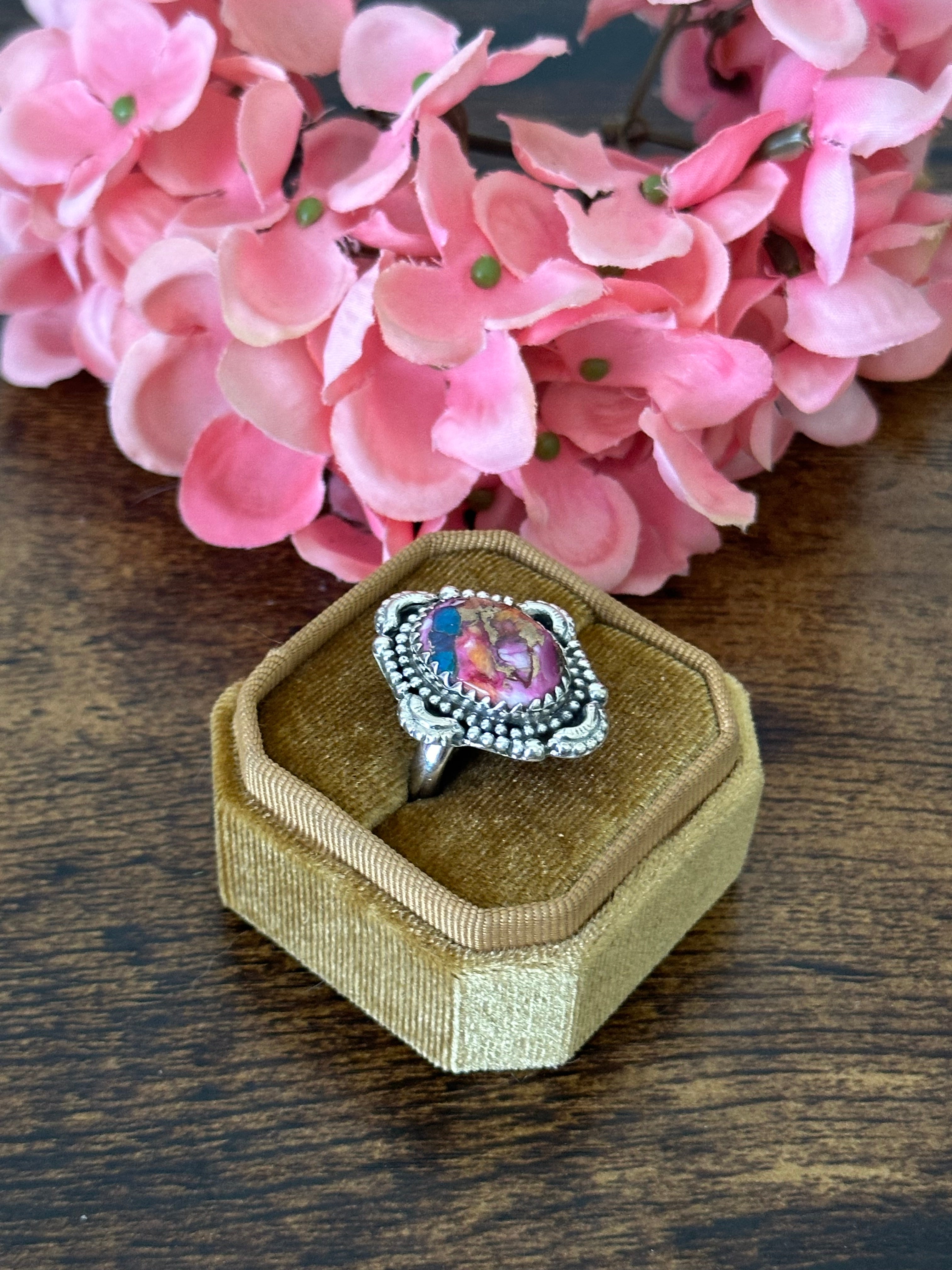 Southwest Handmade Pink Mohave Turquoise & Sterling Silver Ring Size 7.75