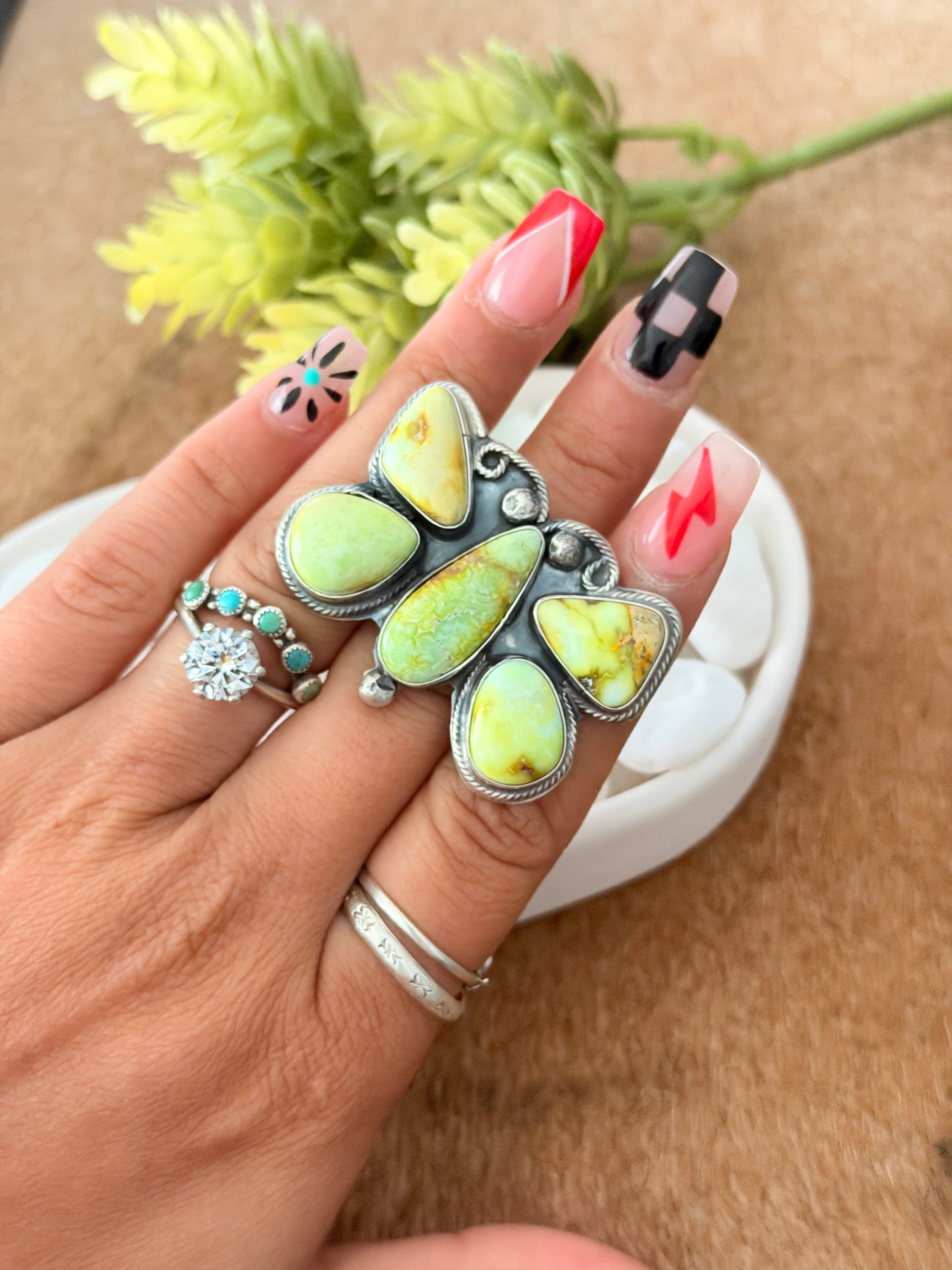 Juanita Mcdonald Palomino Variscite & Sterling Silver Cluster Butterfly Ring