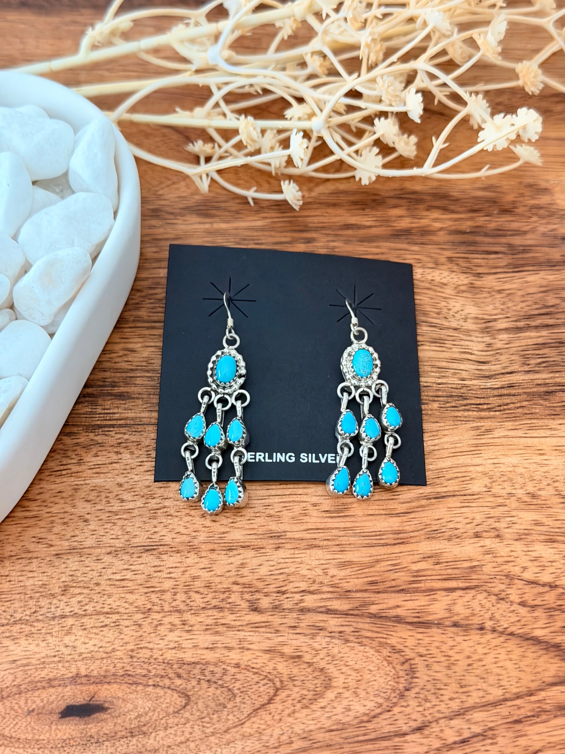 Navajo Made Kingman Turquoise & Sterling Silver Cluster Dangle Earrings