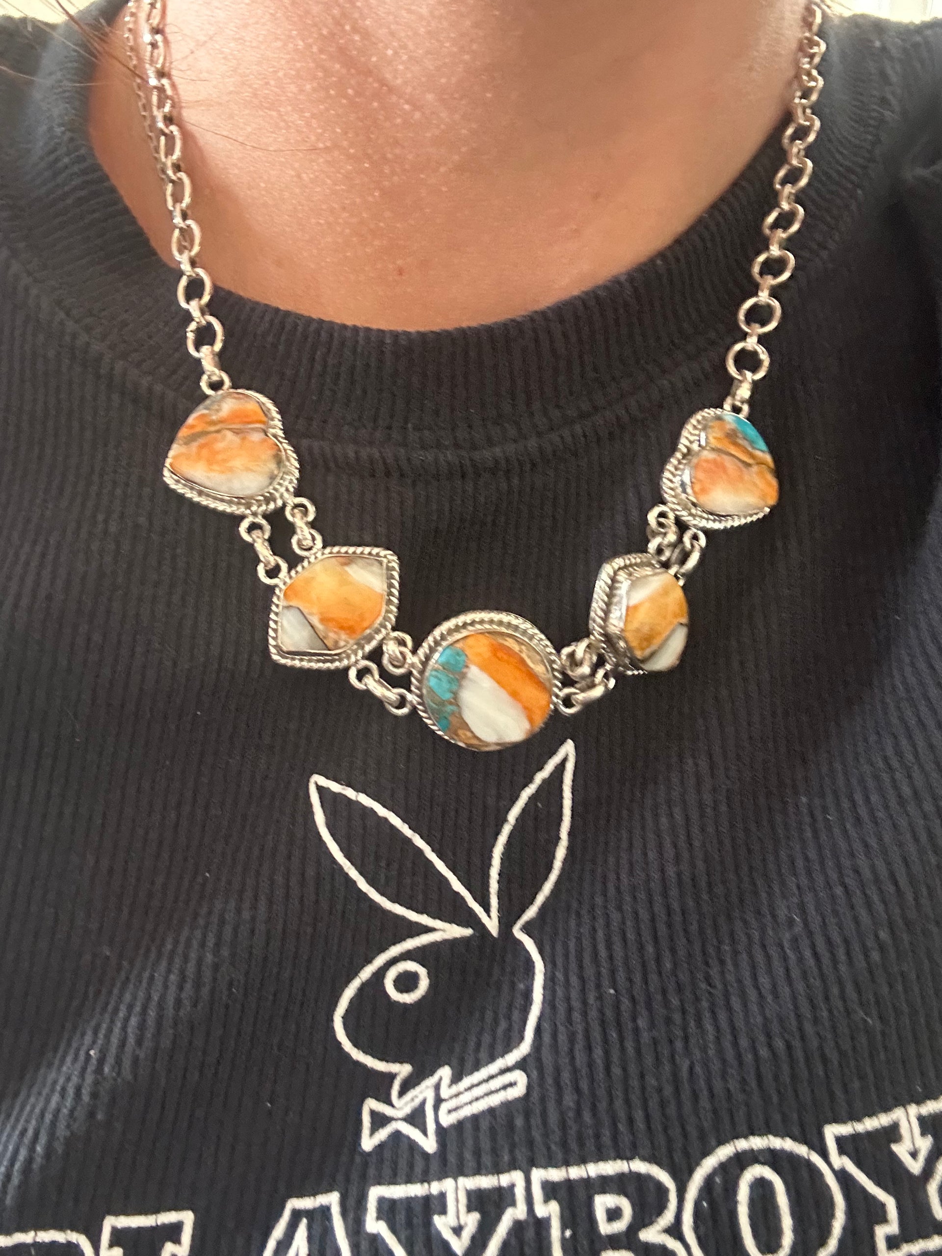 Southwest Made Mohave Turquoise & Sterling Silver Chocker Necklace Set