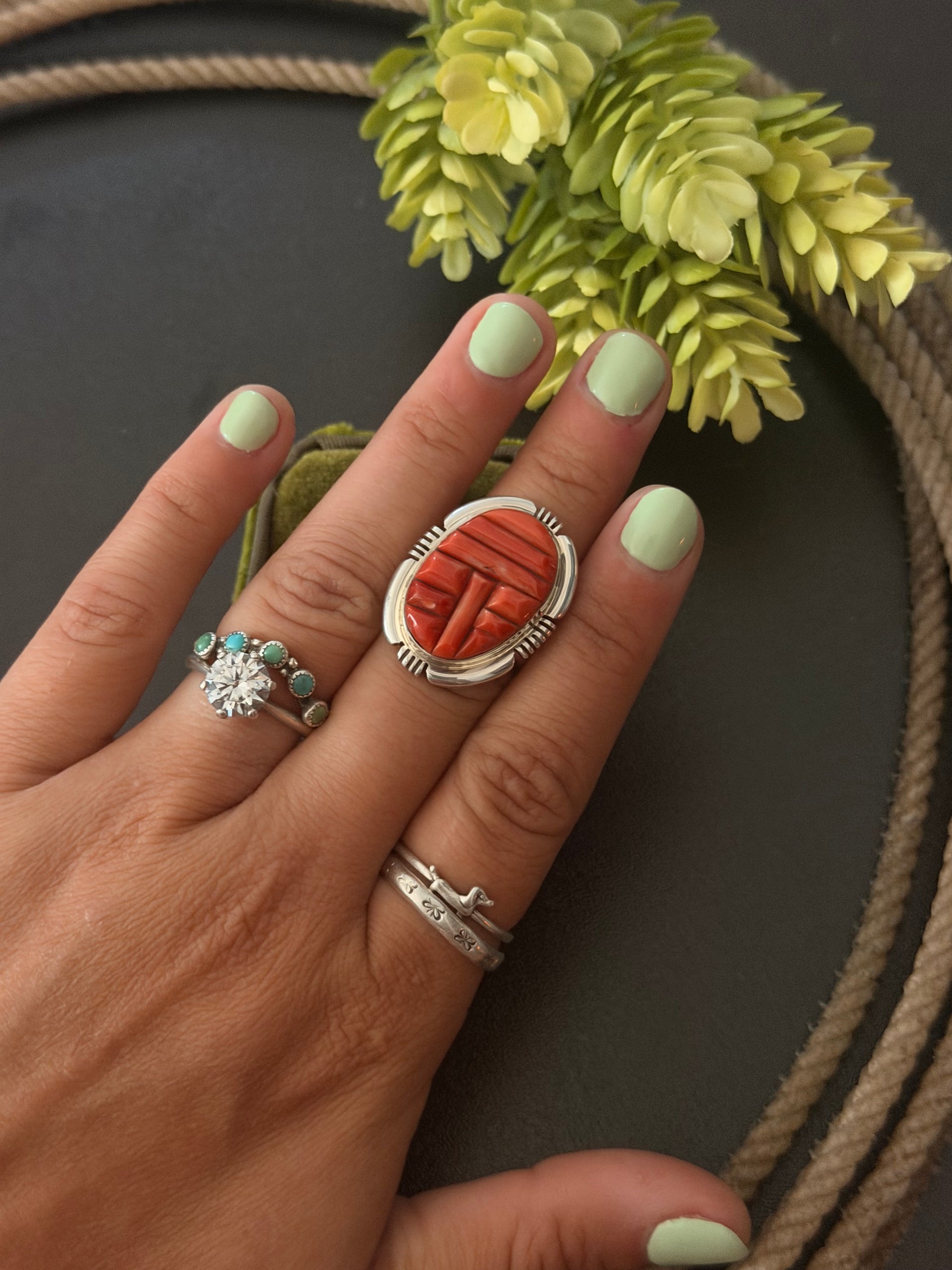 Navajo Made Mediterranean Coral & Sterling Silver Cobblestone Ring Size 7.25