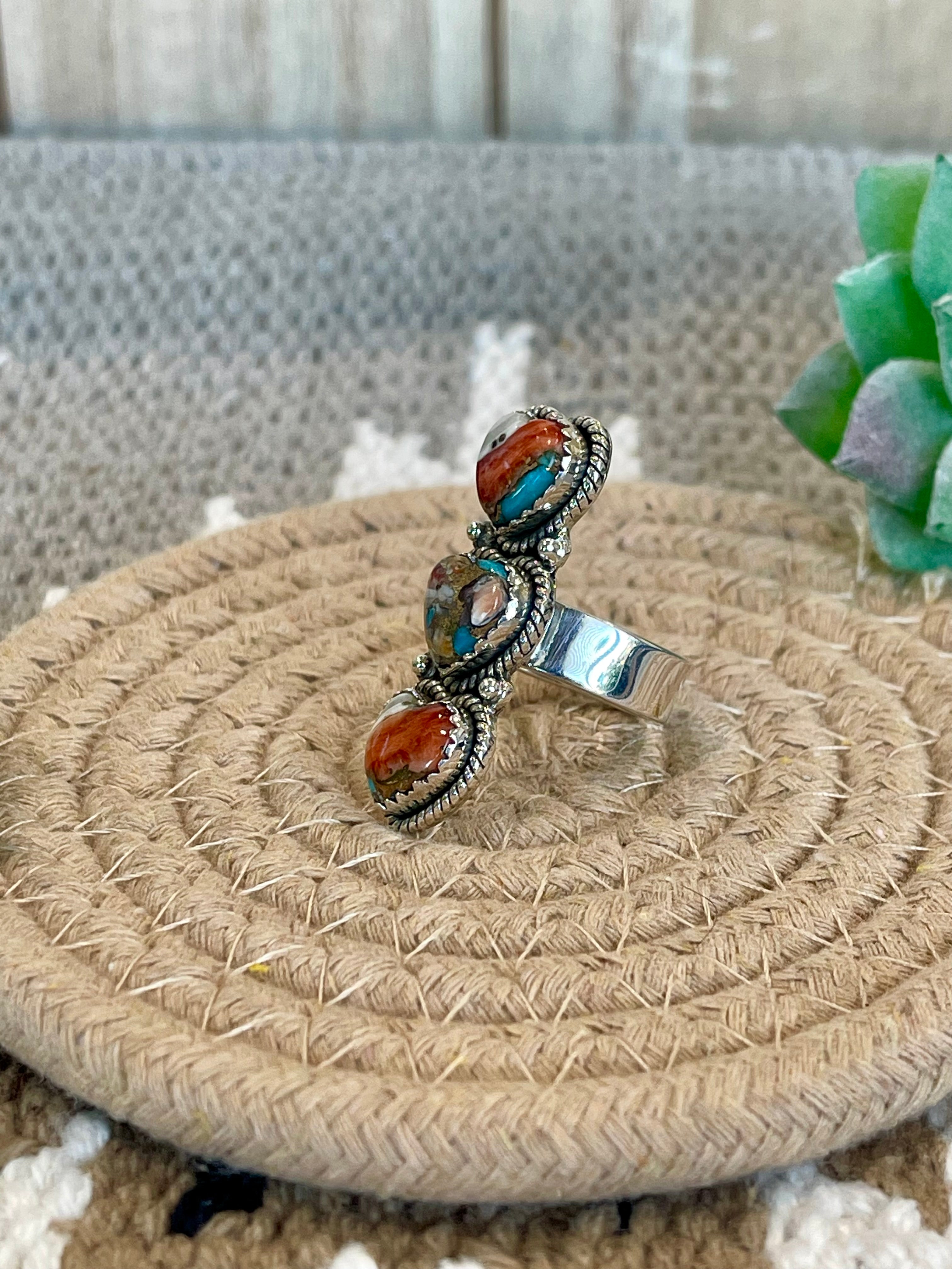 Southwest Handmade Mohave Turquoise & Sterling Silver Adjustable 3 Stone Heart  Ring