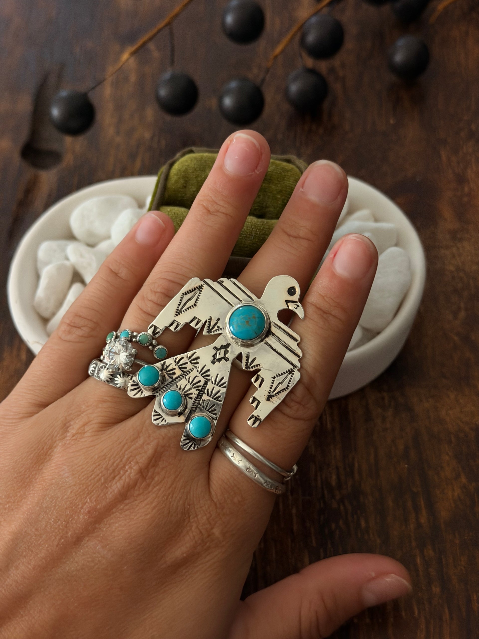 Navajo Made Kingman Turquoise & Sterling Silver Thunderbird Adjustable Ring