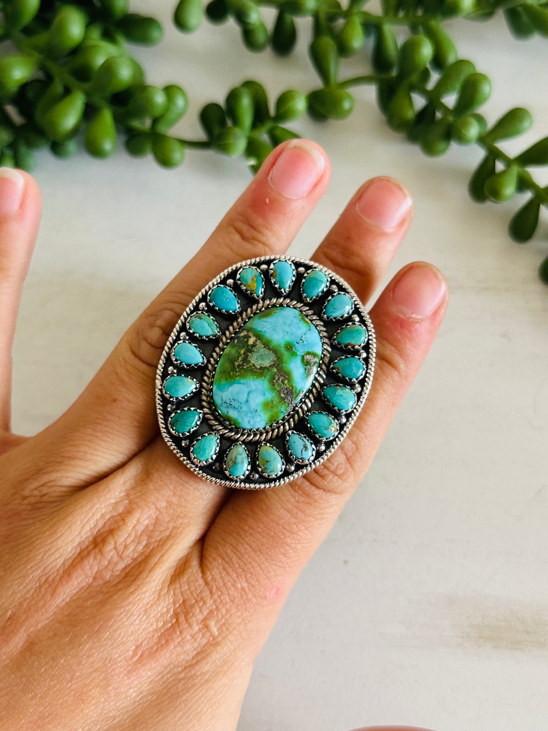 Southwest Handmade Multi Turquoise & Sterling Silver Adjustable Cluster Ring