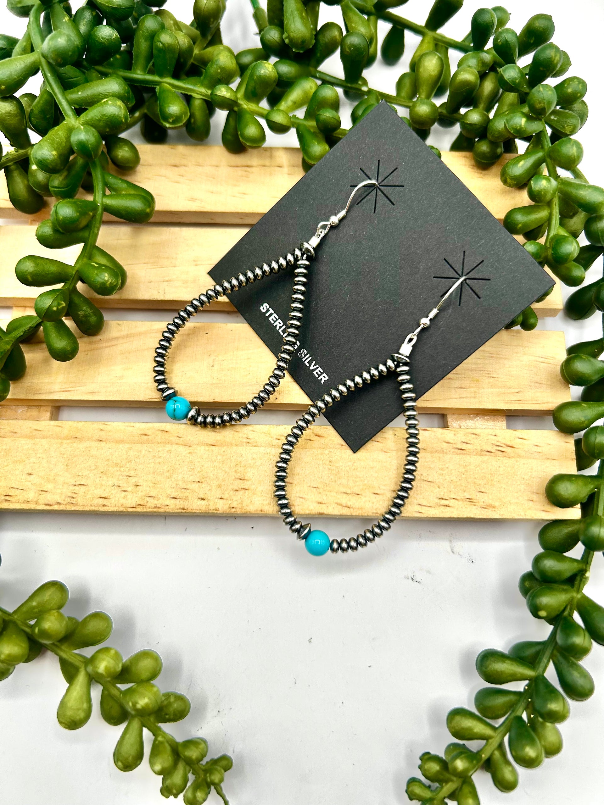Navajo Made Strung Kingman Turquoise & Sterling Silver Hook Earrings