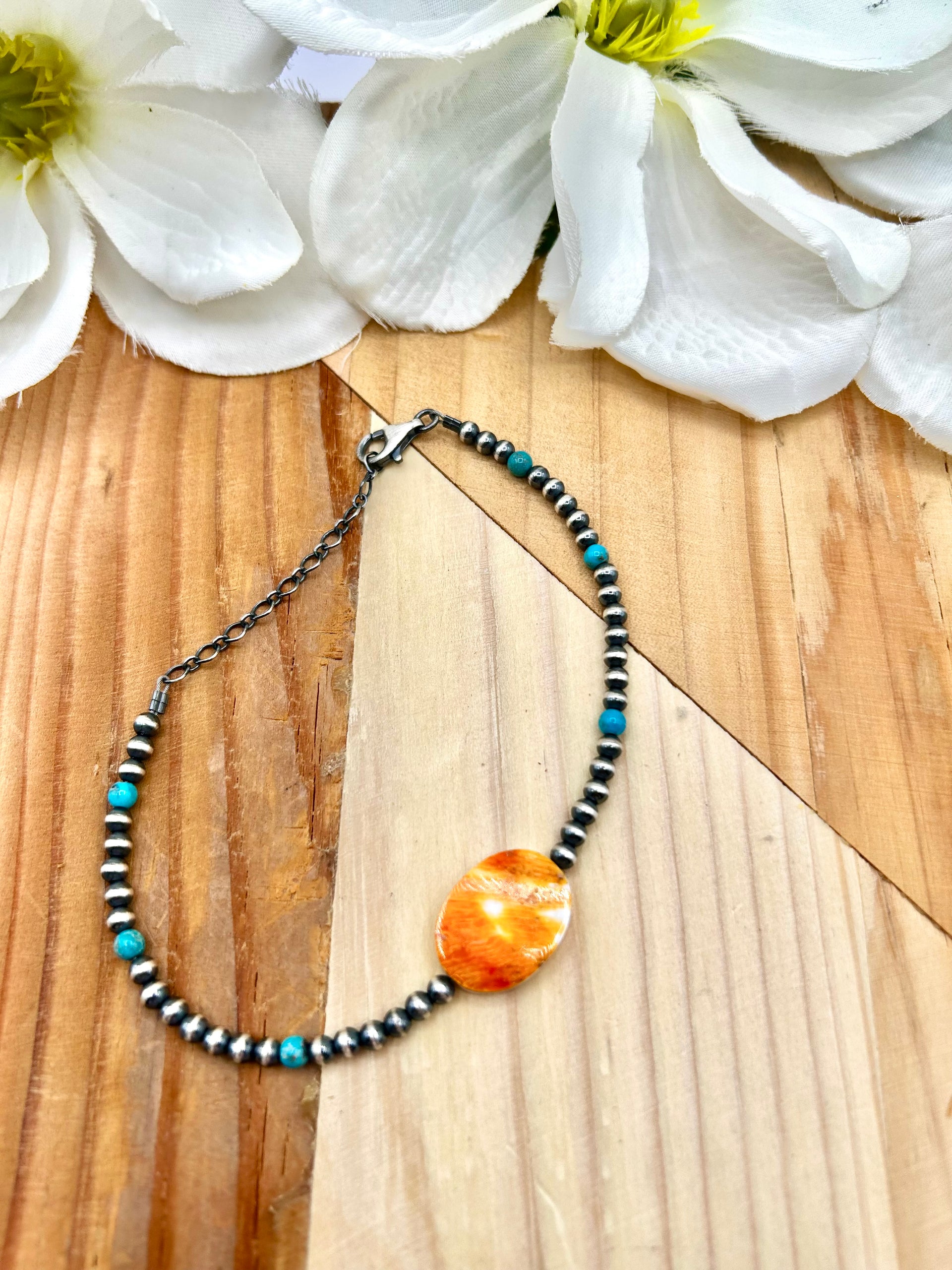 Navajo Made Multi Stone & Sterling Silver Strung Anklet