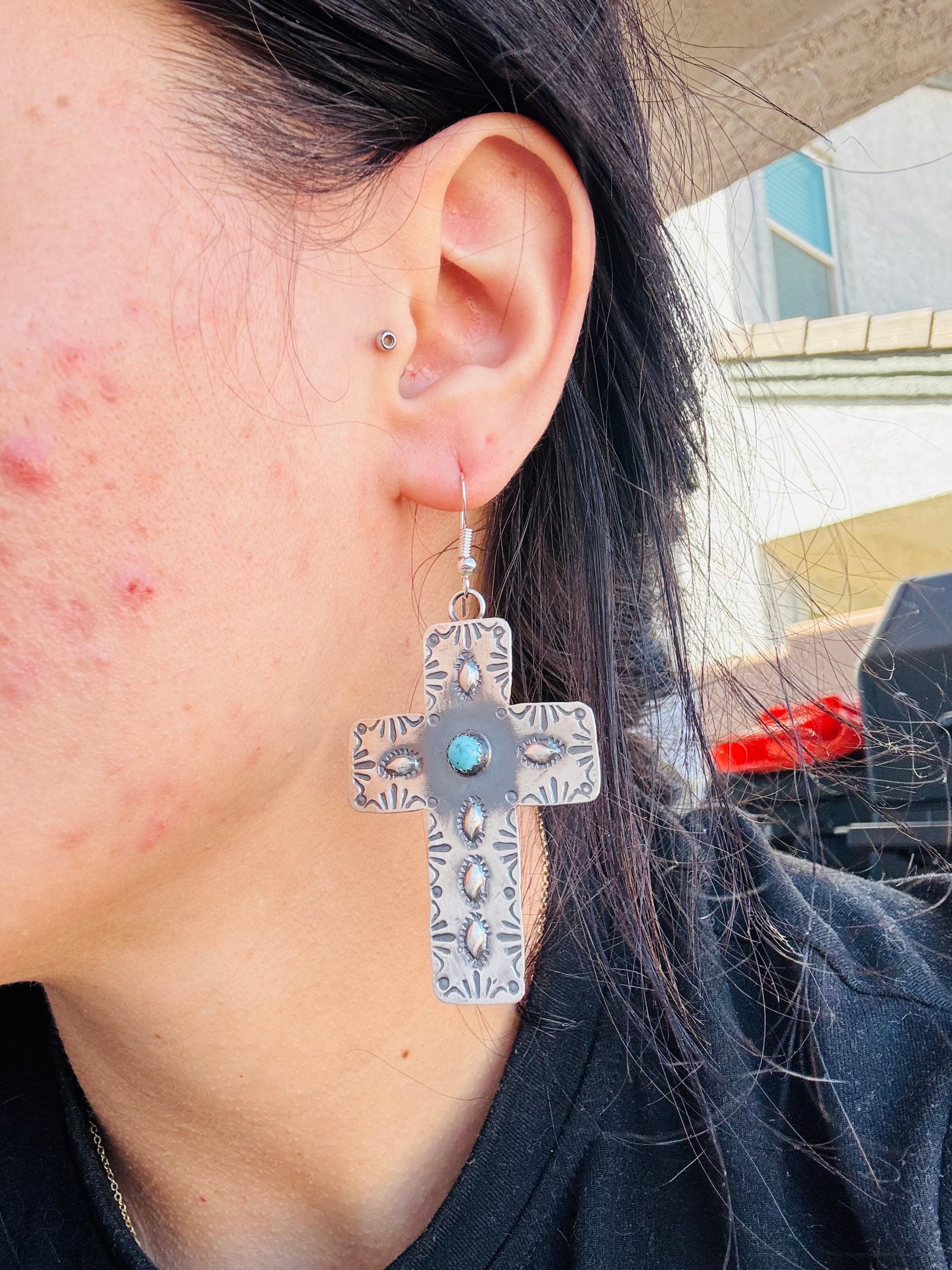 Tim Yazzie Kingman Turquoise & Sterling Silver Dangle Cross Earrings
