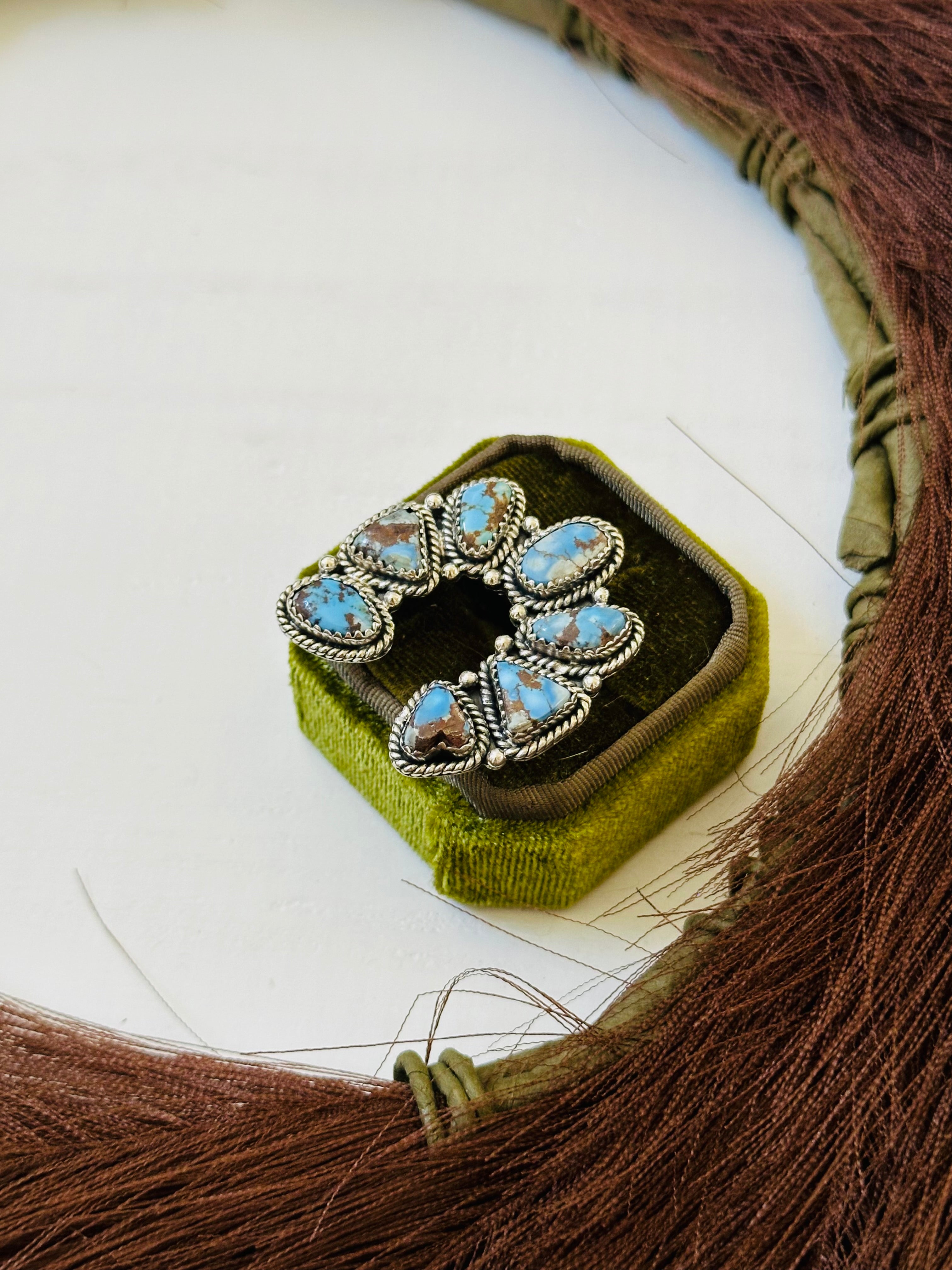 TTD “Prosperous” Golden Hills Turquoise & Sterling Silver Adjustable Cluster Naja Ring