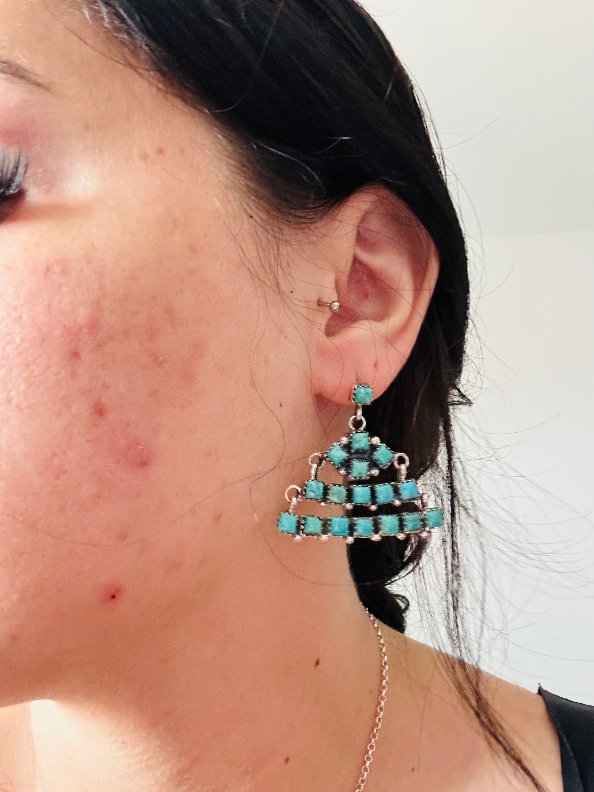 Julia Etsitty Kingman Turquoise & Sterling Silver Post Dangle Cluster Earrings